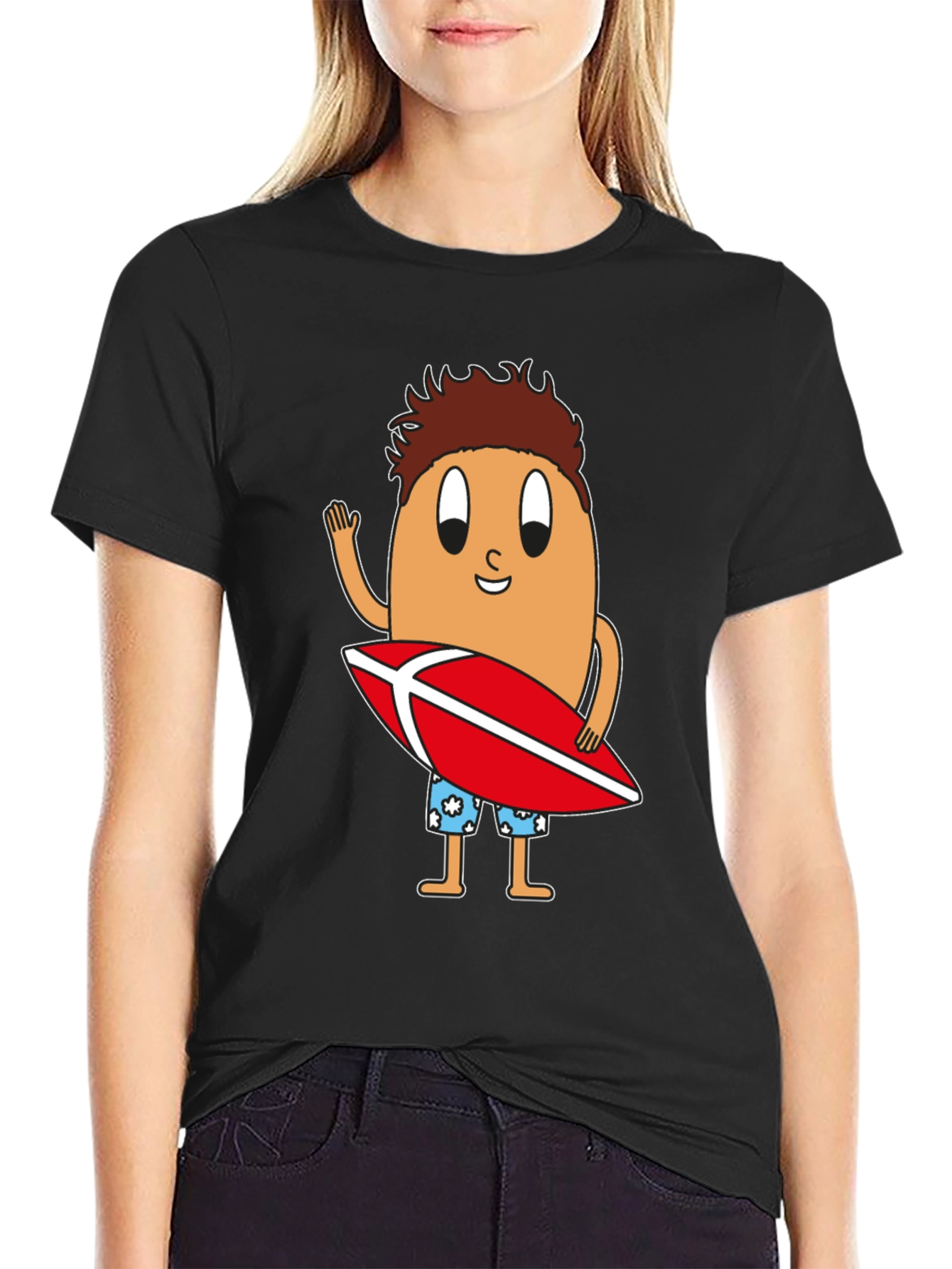 Black Funny Surfing Egg Cartoon Graphic T-Shirt view 2