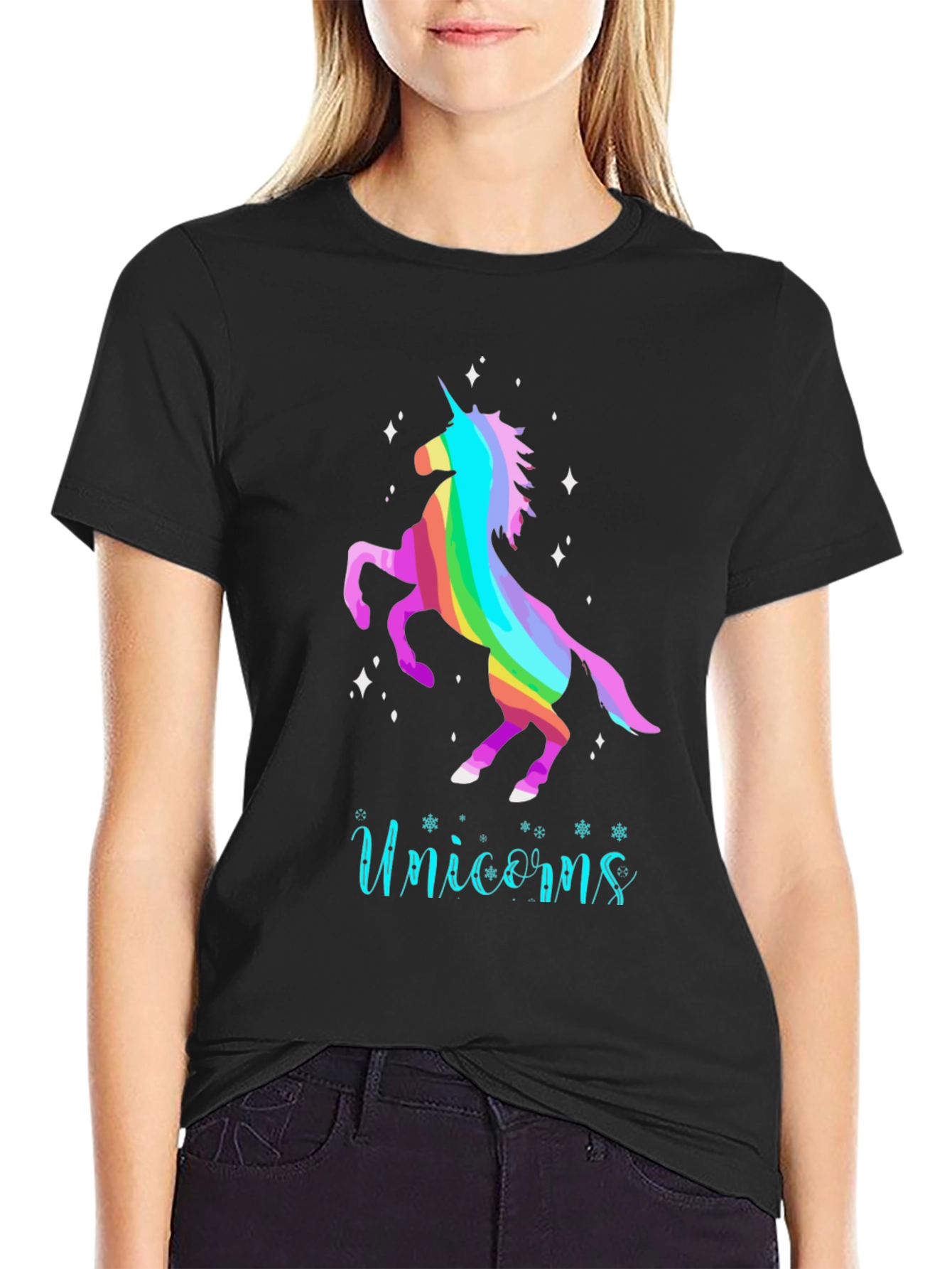 Black Rainbow Unicorn Tee - Magical Graphic T-Shirt view 2