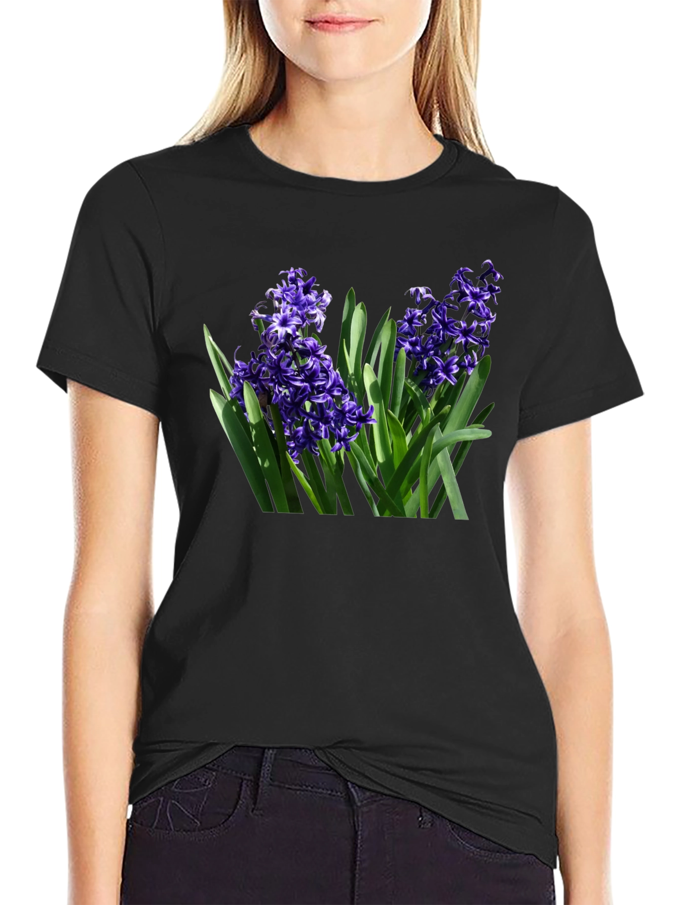 Black Floral Hyacinth Graphic Tee - Black Cotton T-Shirt view 2