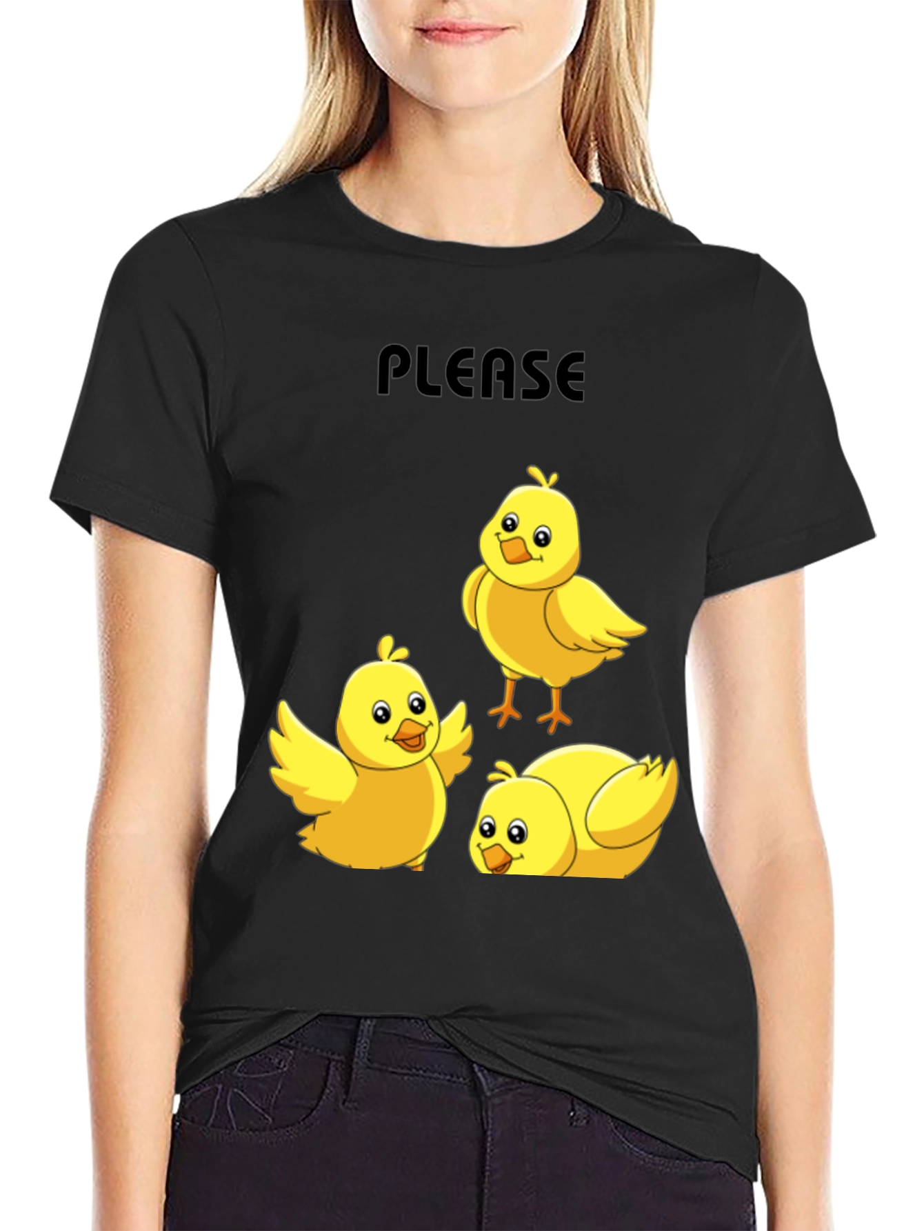 Black Please Chick T-Shirt - Cute Cartoon Animal Tee view 2