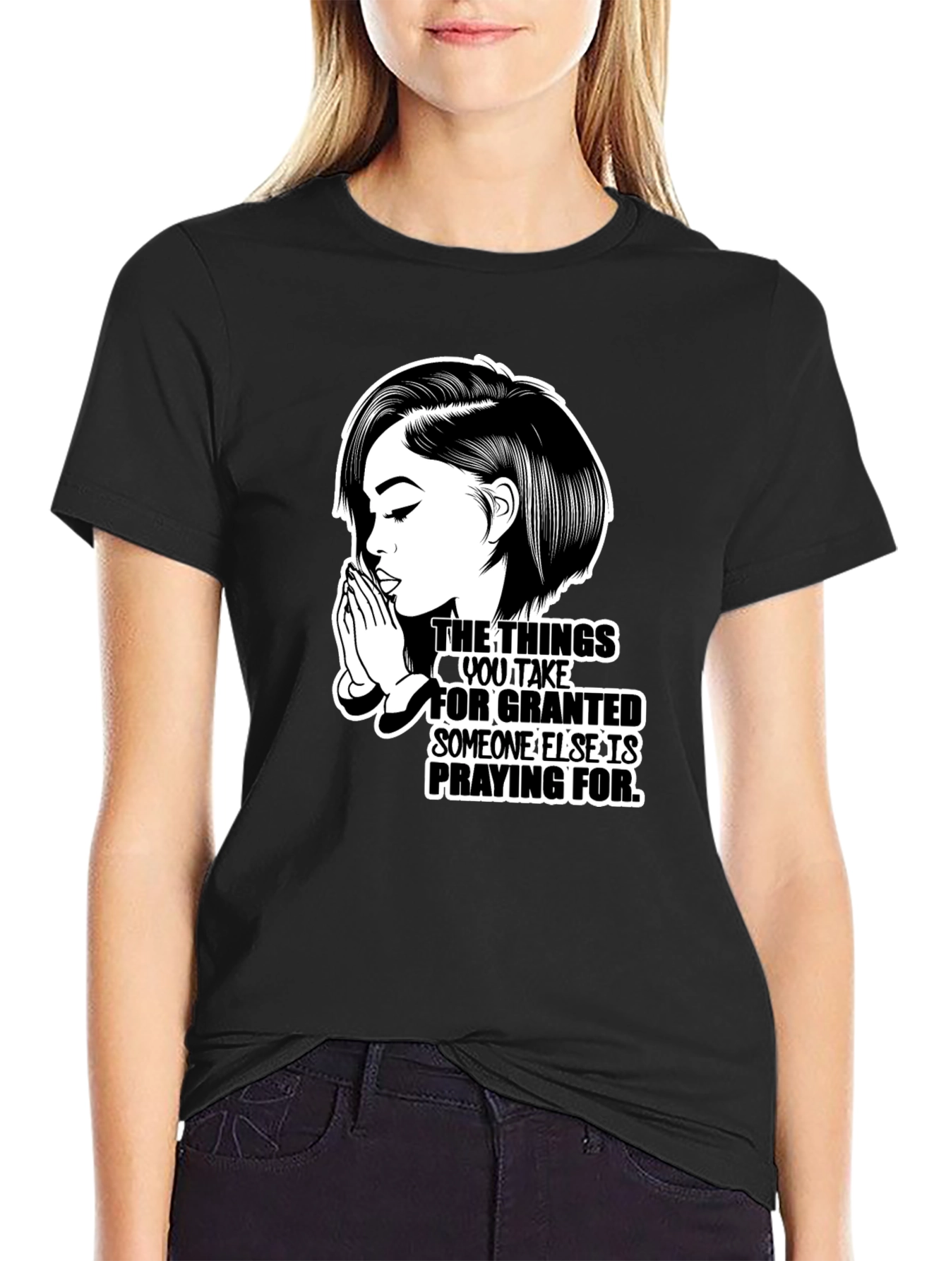 Black Praying Woman Graphic T-Shirt - Black view 2