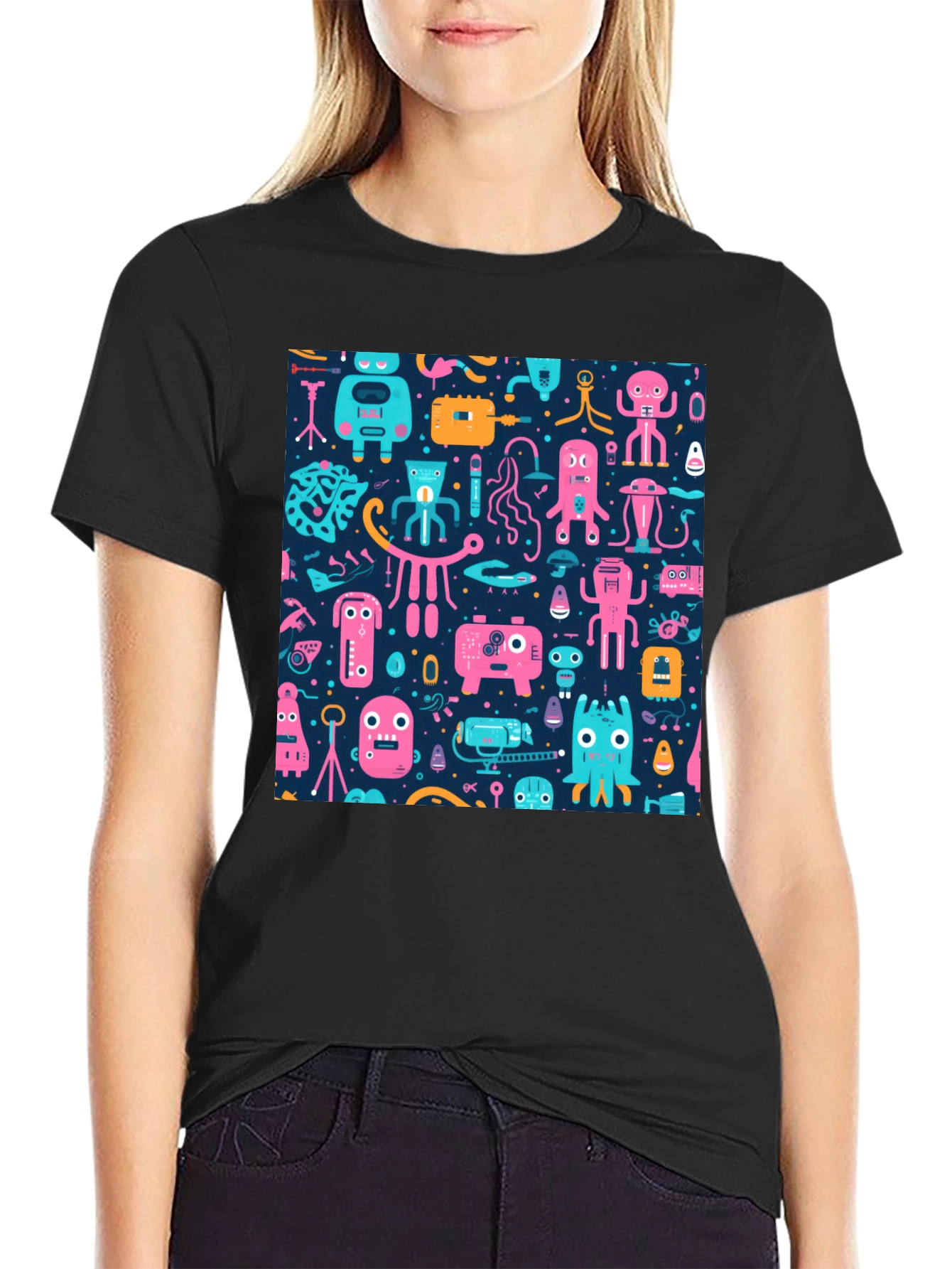 Black Funky Retro Robot Pattern T-Shirt view 2