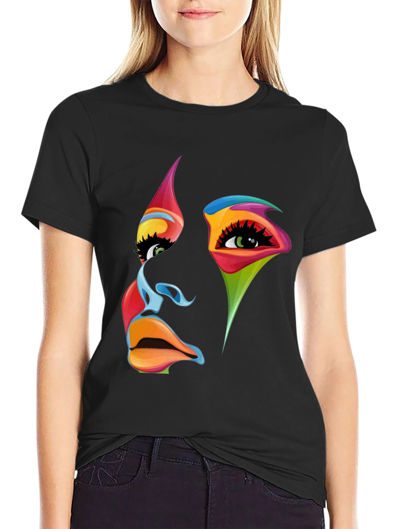Black Abstract Face Graphic Tee - Vivid Colors, Modern Art view 2