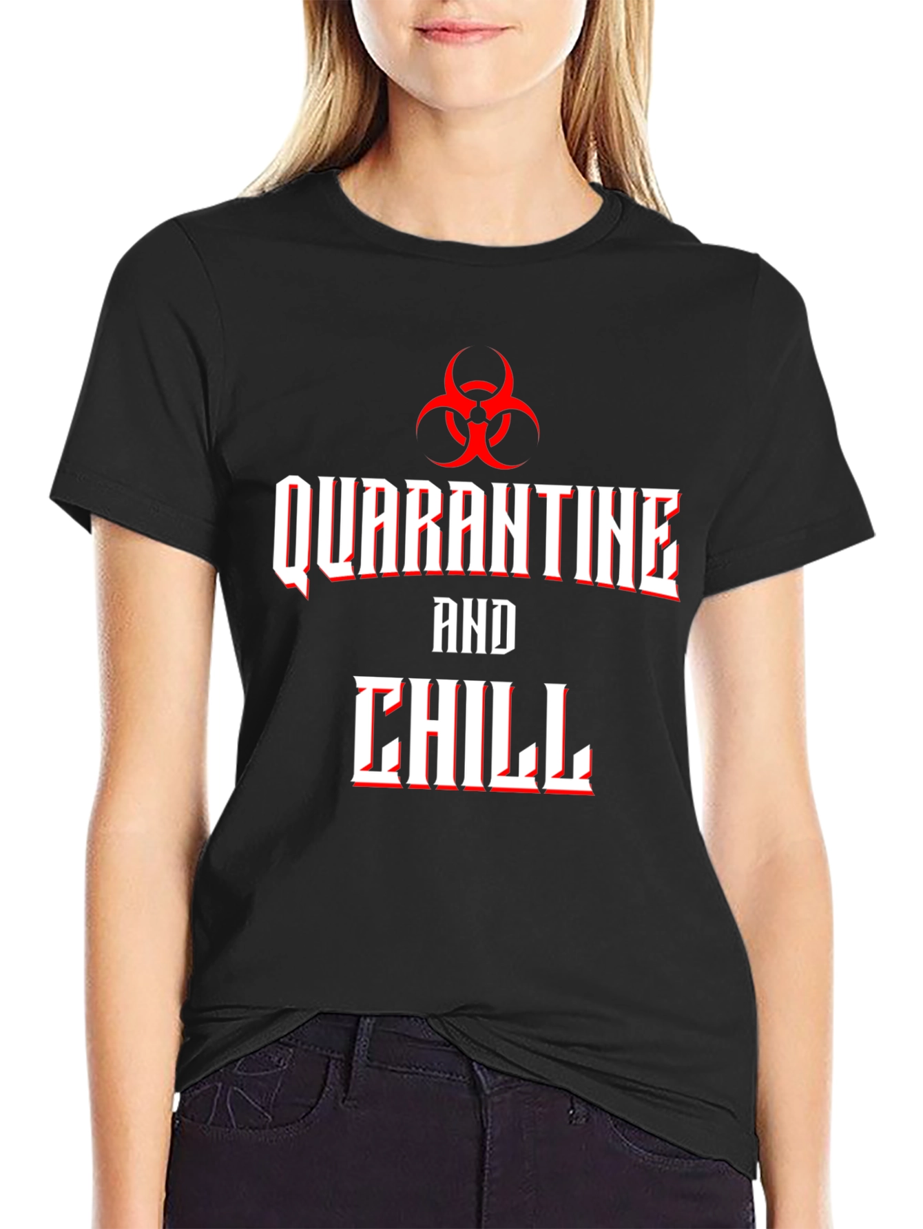 Black Quarantine and Chill Biohazard T-Shirt view 2