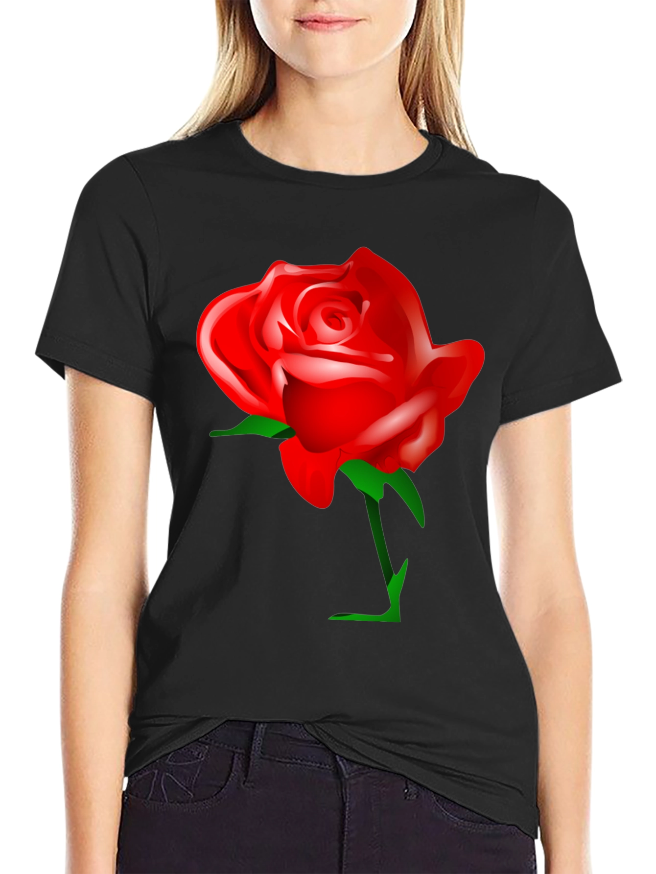 Black Bold Red Rose Graphic T-Shirt - Black Cotton Blend view 2