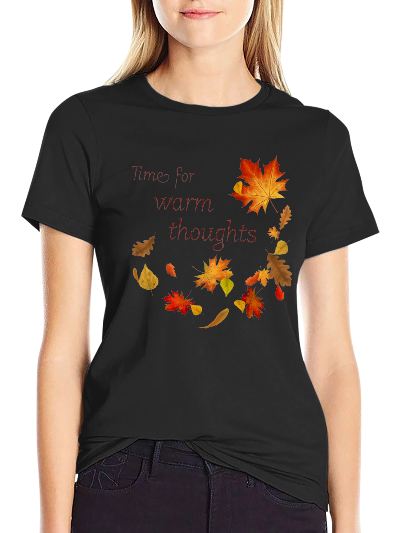 Black Warm Thoughts Autumn Leaf T-Shirt view 2