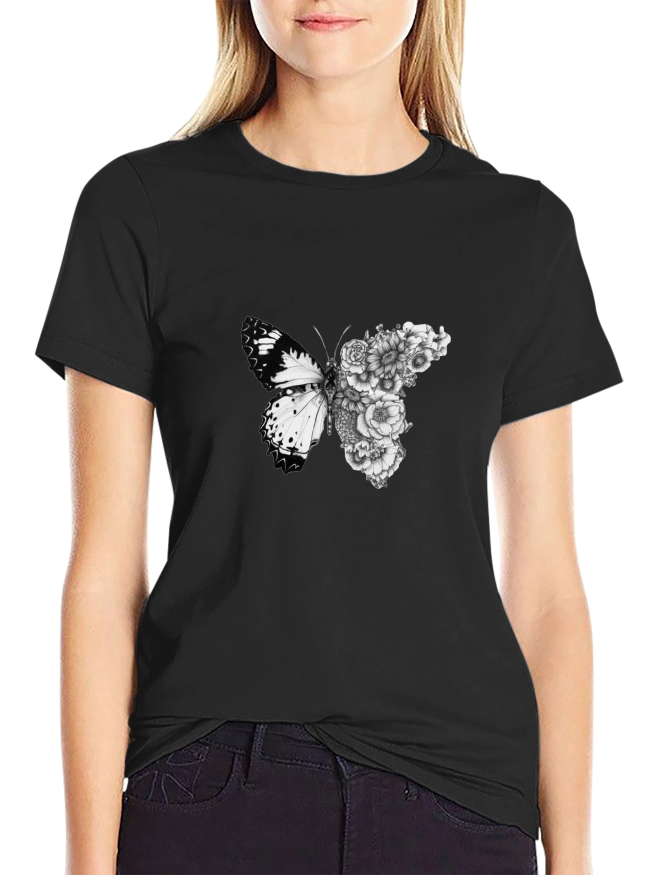 Black Butterfly Floral Graphic Black T-Shirt view 2