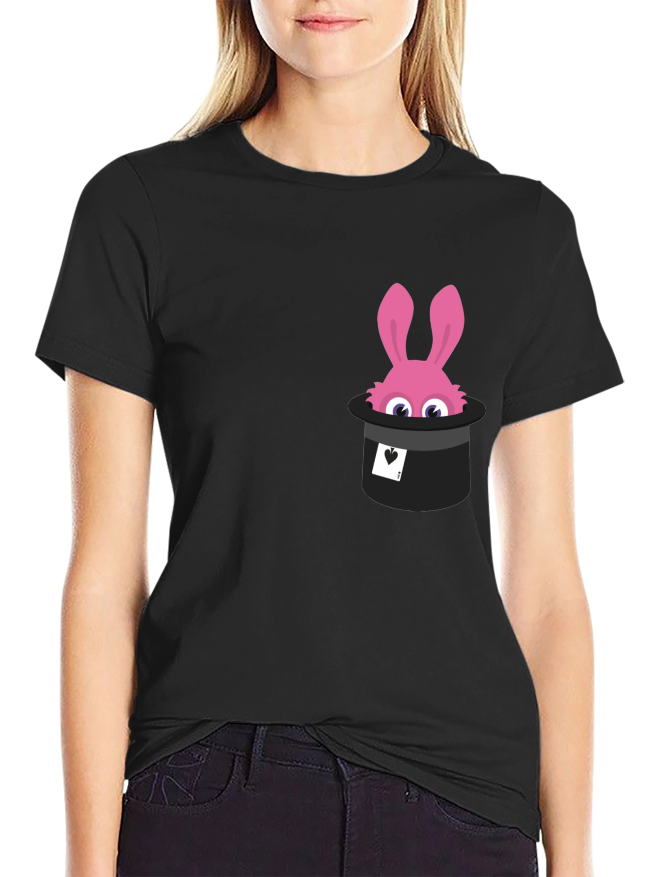 Black Magical Rabbit in Hat Graphic Tee - Black Cotton T-Shirt view 2