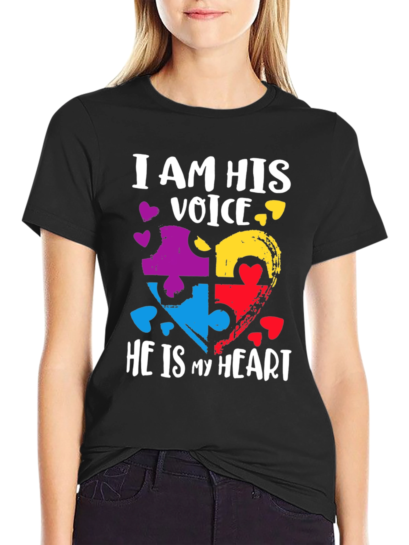 Black Autism Awareness Heart Puzzle T-Shirt view 2