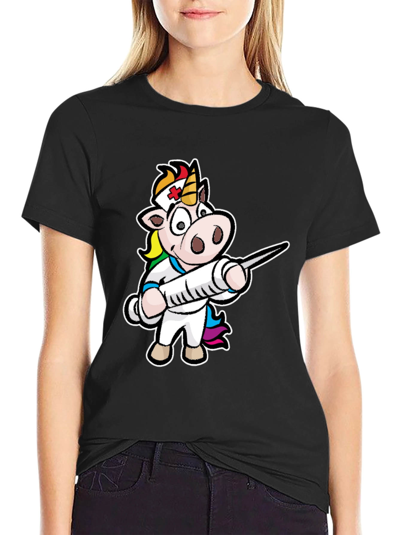 Black Nurse Unicorn T-Shirt - Cartoon Graphic Tee view 2