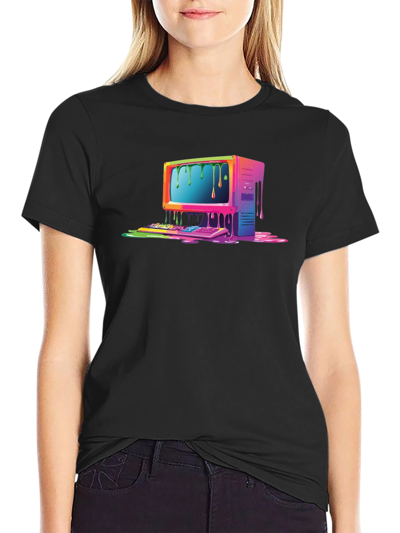 Black Retro Melting Computer Graphic Tee - Black view 2