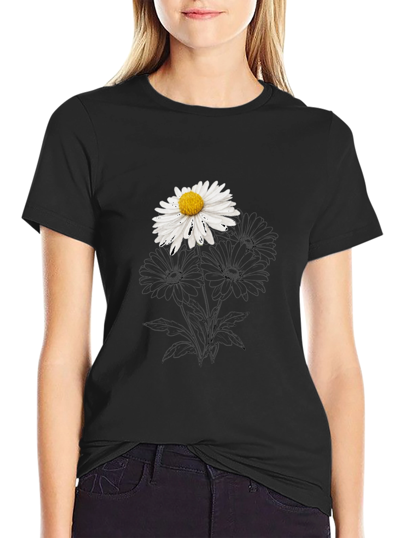 Black Daisy Graphic Black T-Shirt - Stylish Casual Wear view 2