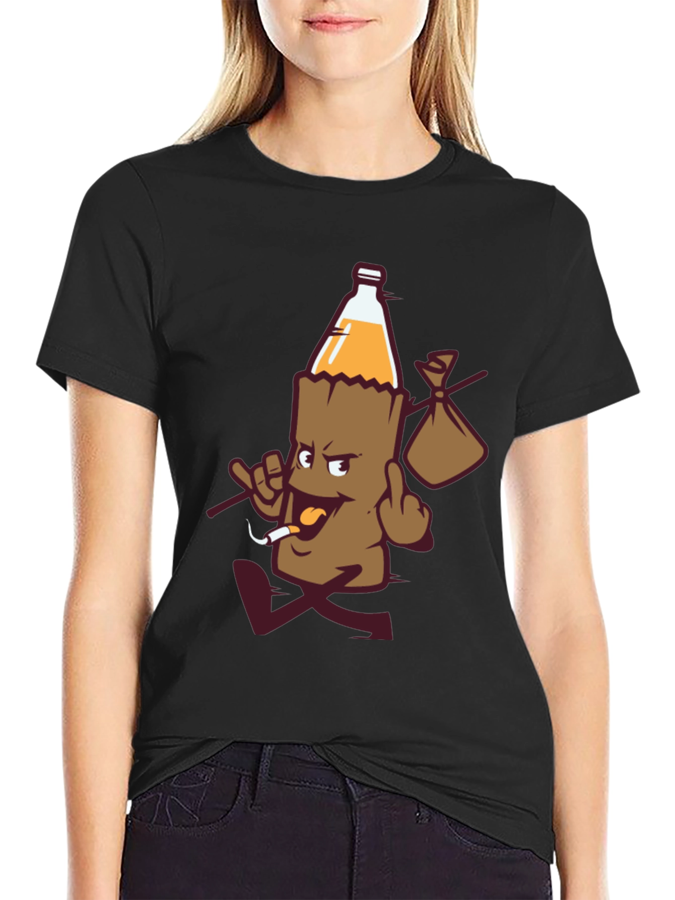 Black Novelty Cartoon Beer Bottle T-Shirt view 2