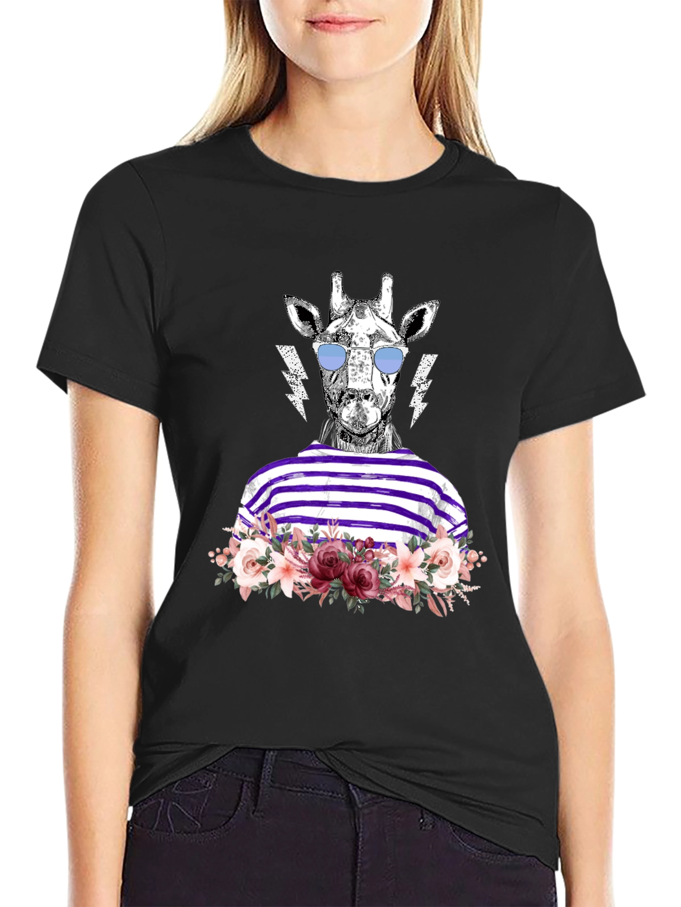 Black Giraffe in Shades Graphic T-Shirt view 2