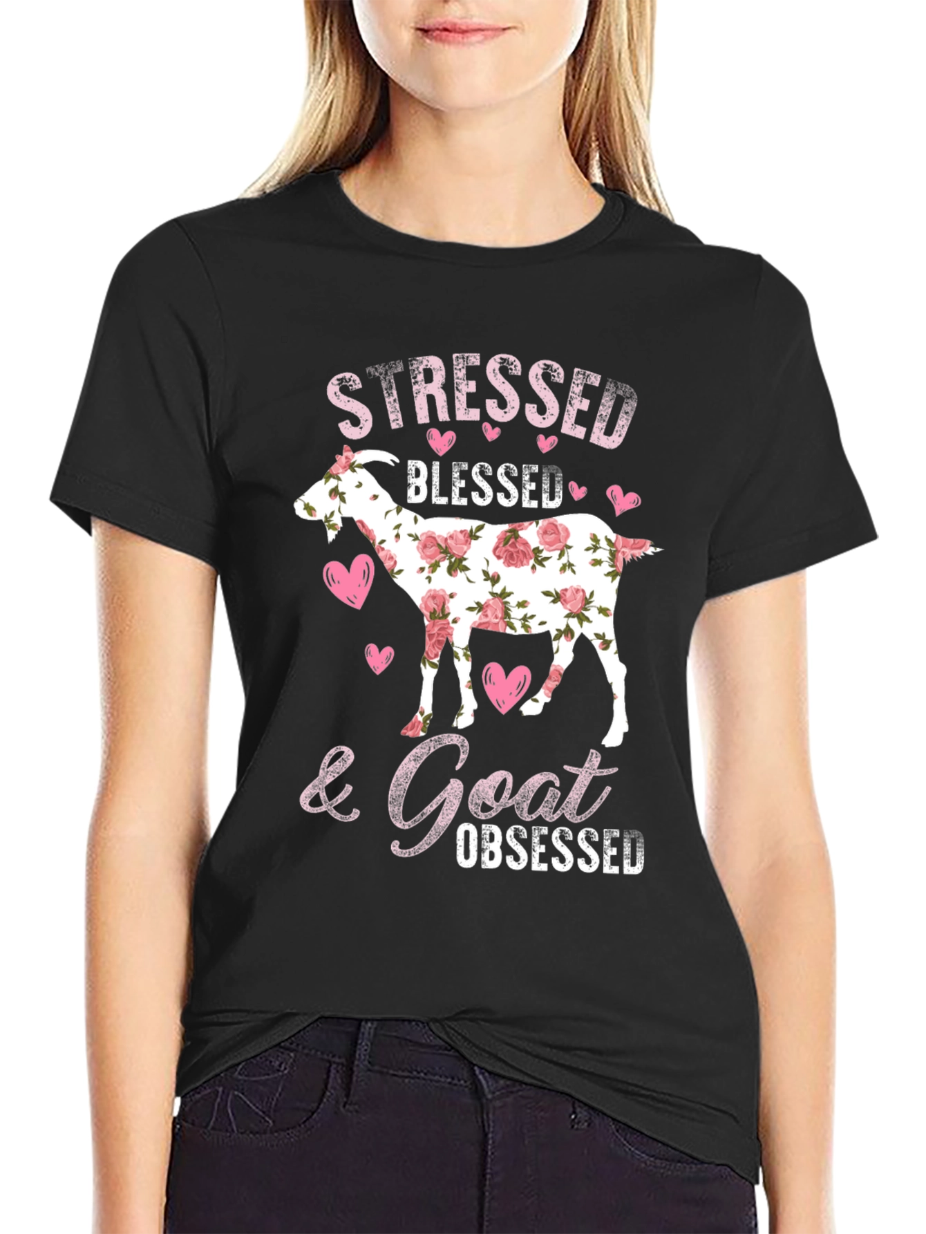 Black Stressed Blessed Goat Obsessed T-Shirt view 2