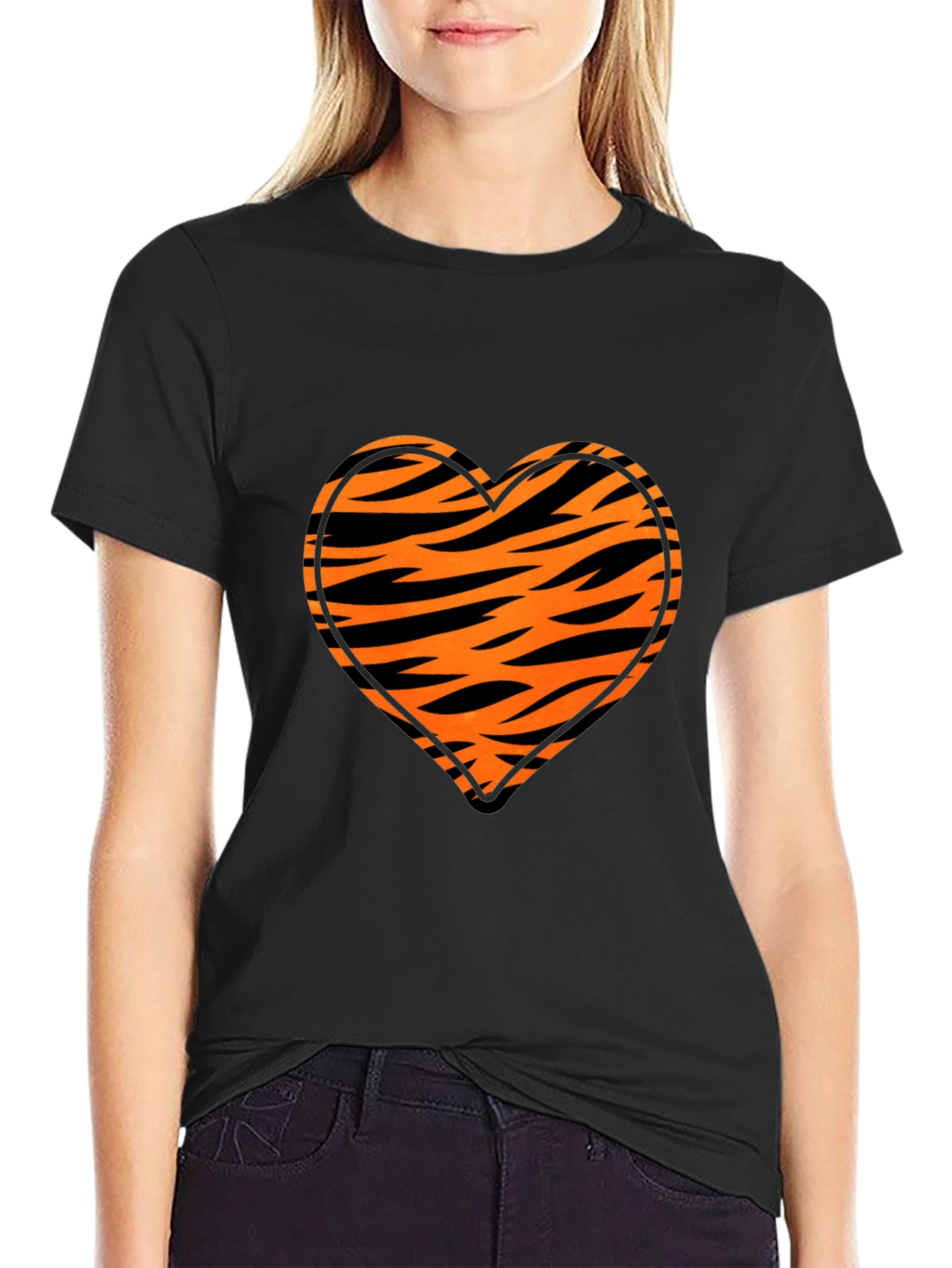 Black Tiger Stripe Heart Graphic Black T-Shirt view 2