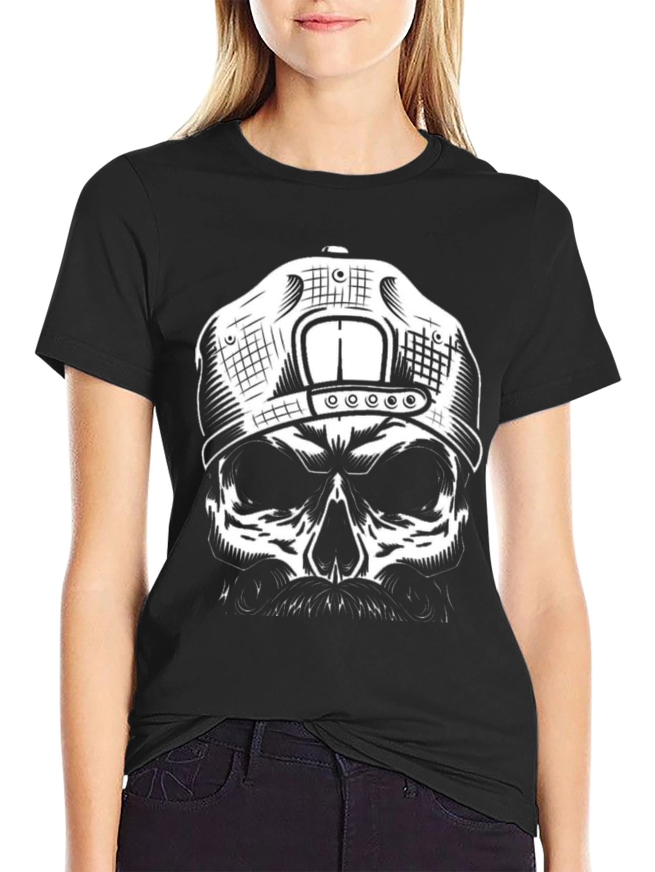Black Skull with Cap Graphic T-Shirt - Black view 2