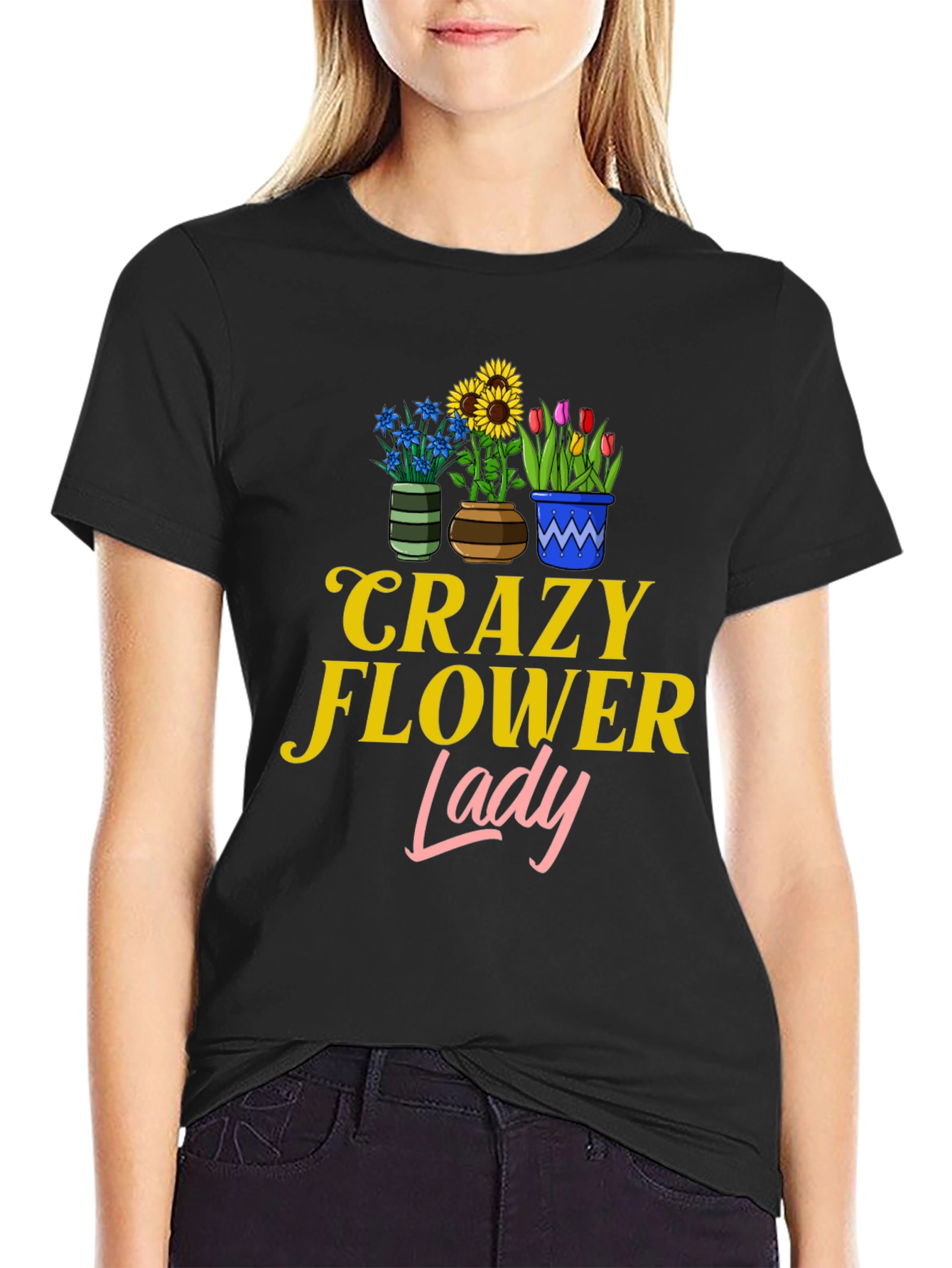 Black Crazy Flower Lady Graphic T-Shirt view 2