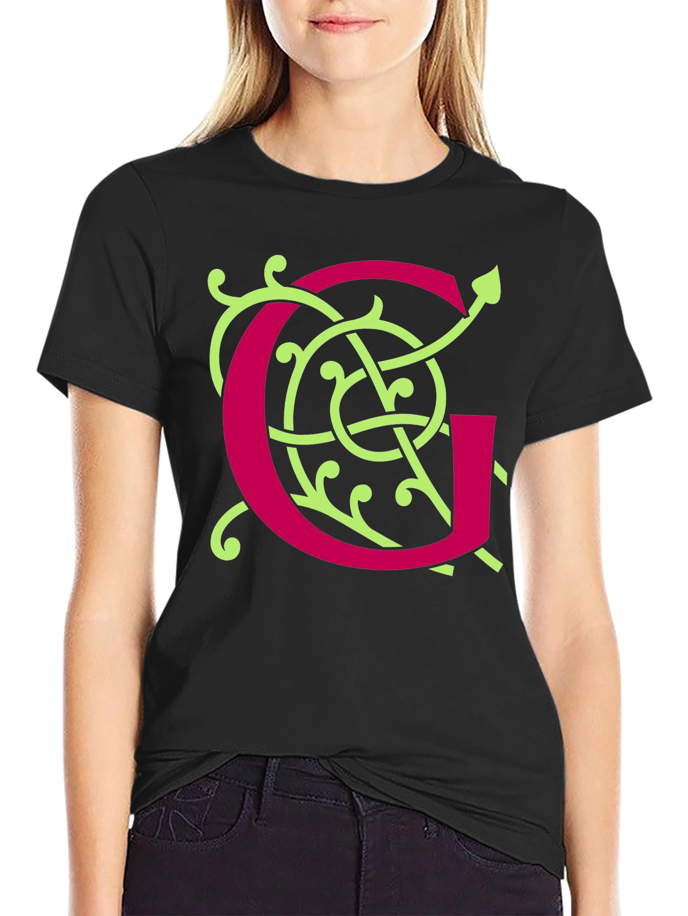 Black Ornamental Initial 'G' Black T-Shirt view 2