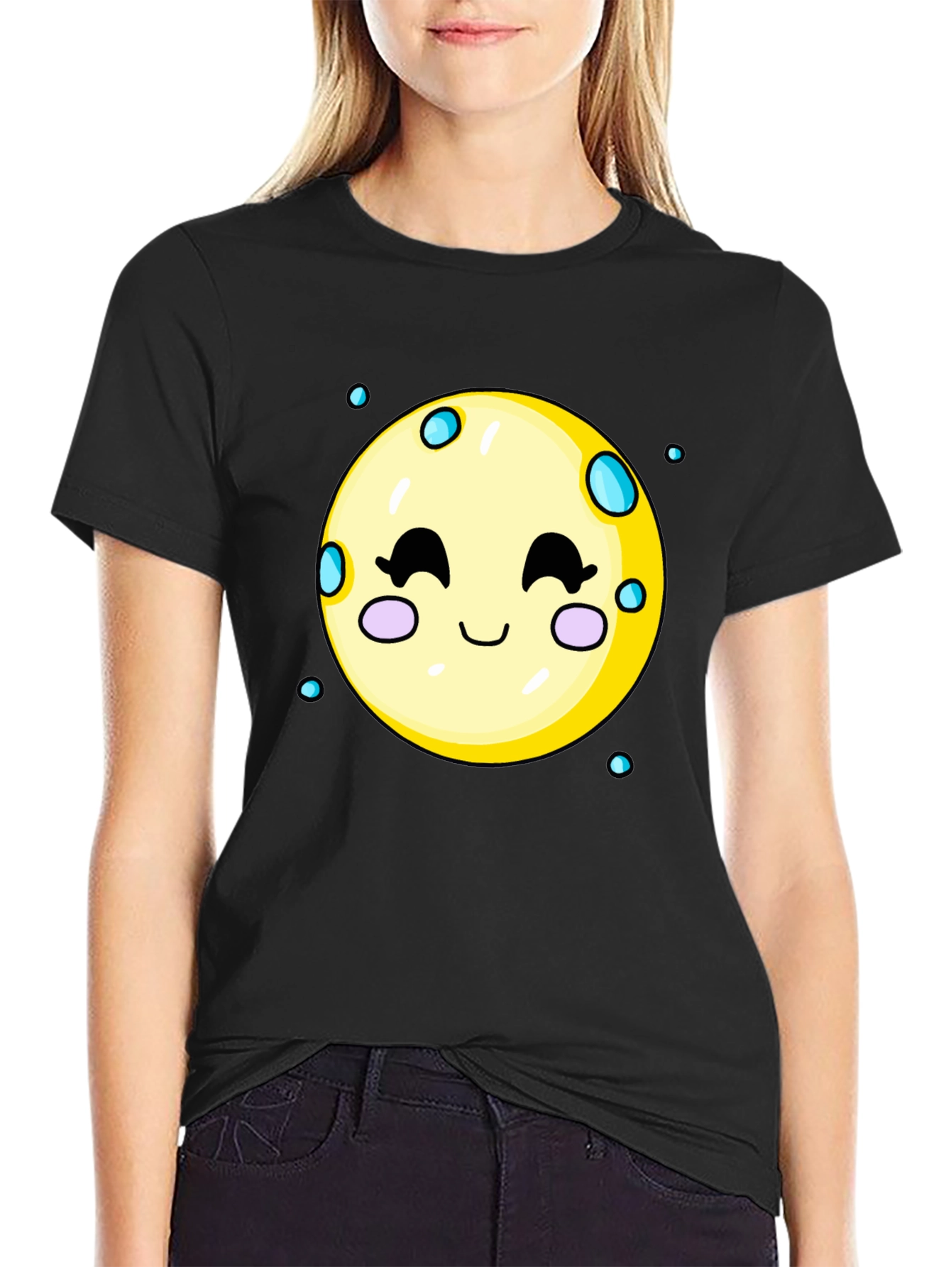 Black Cute Moon Graphic Tee - Black Cotton T-Shirt view 2