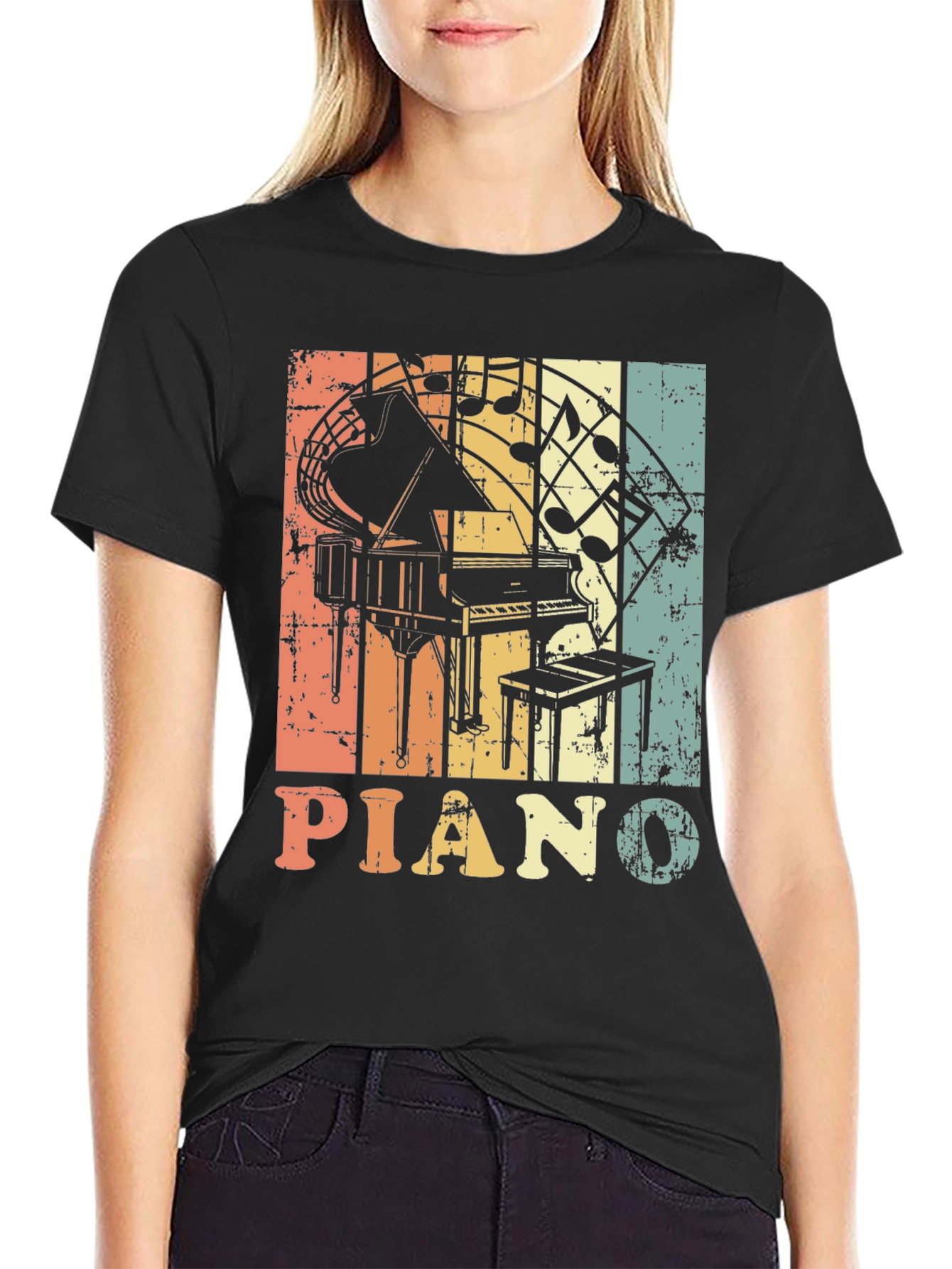 Black Retro Piano Music Notes Graphic T-Shirt view 2