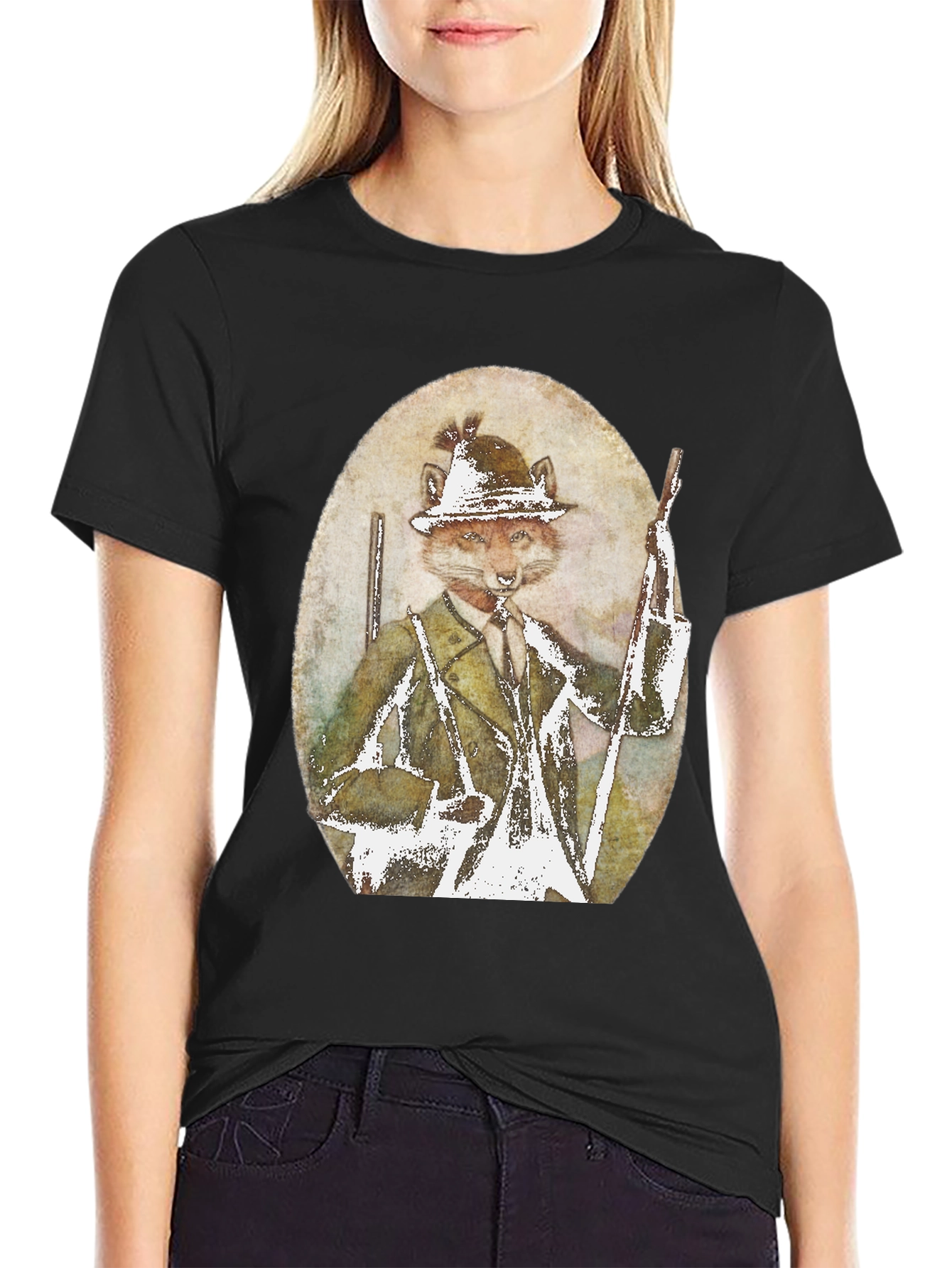 Black Fox Hunter Graphic T-Shirt - Novelty Print Tee view 2