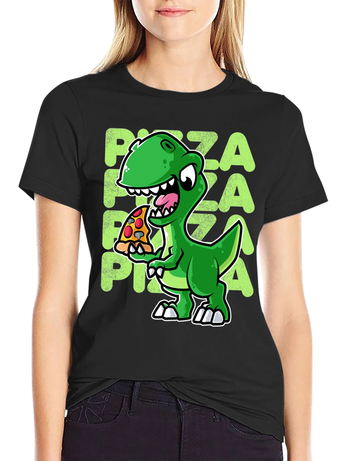 Black Dino Pizza T-Shirt - Cute Cartoon Design view 2