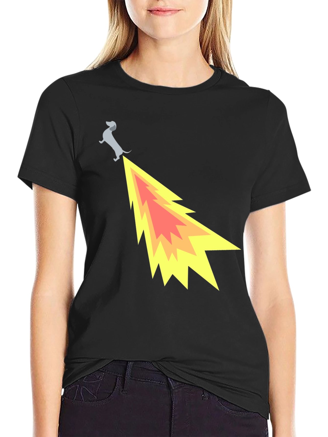 Black Funny Dachshund Dog Flame Tail T-Shirt view 2