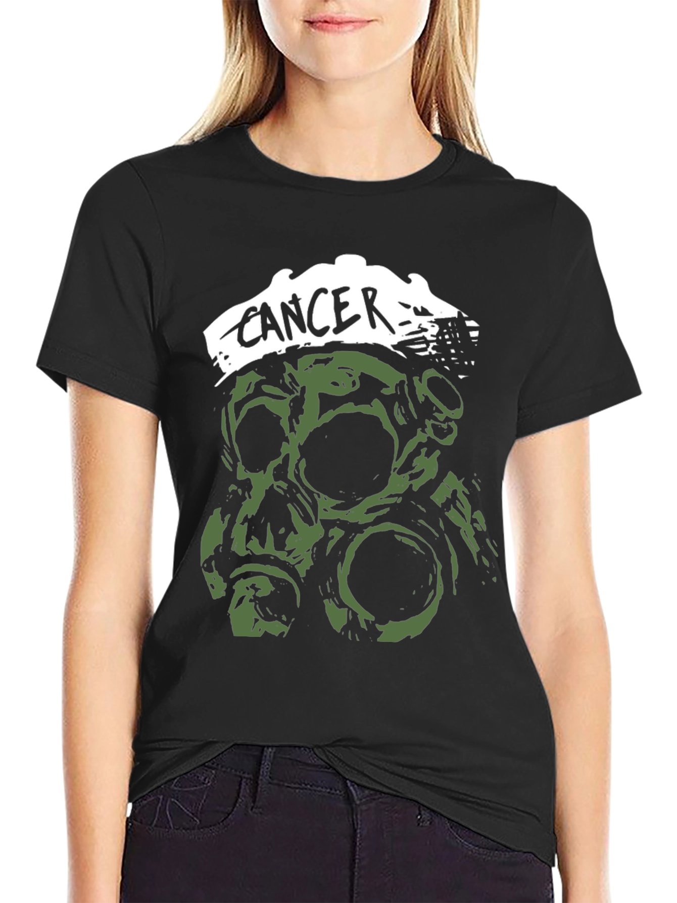 Black Cancer Band T-Shirt - Skull & Gas Mask Graphic view 2