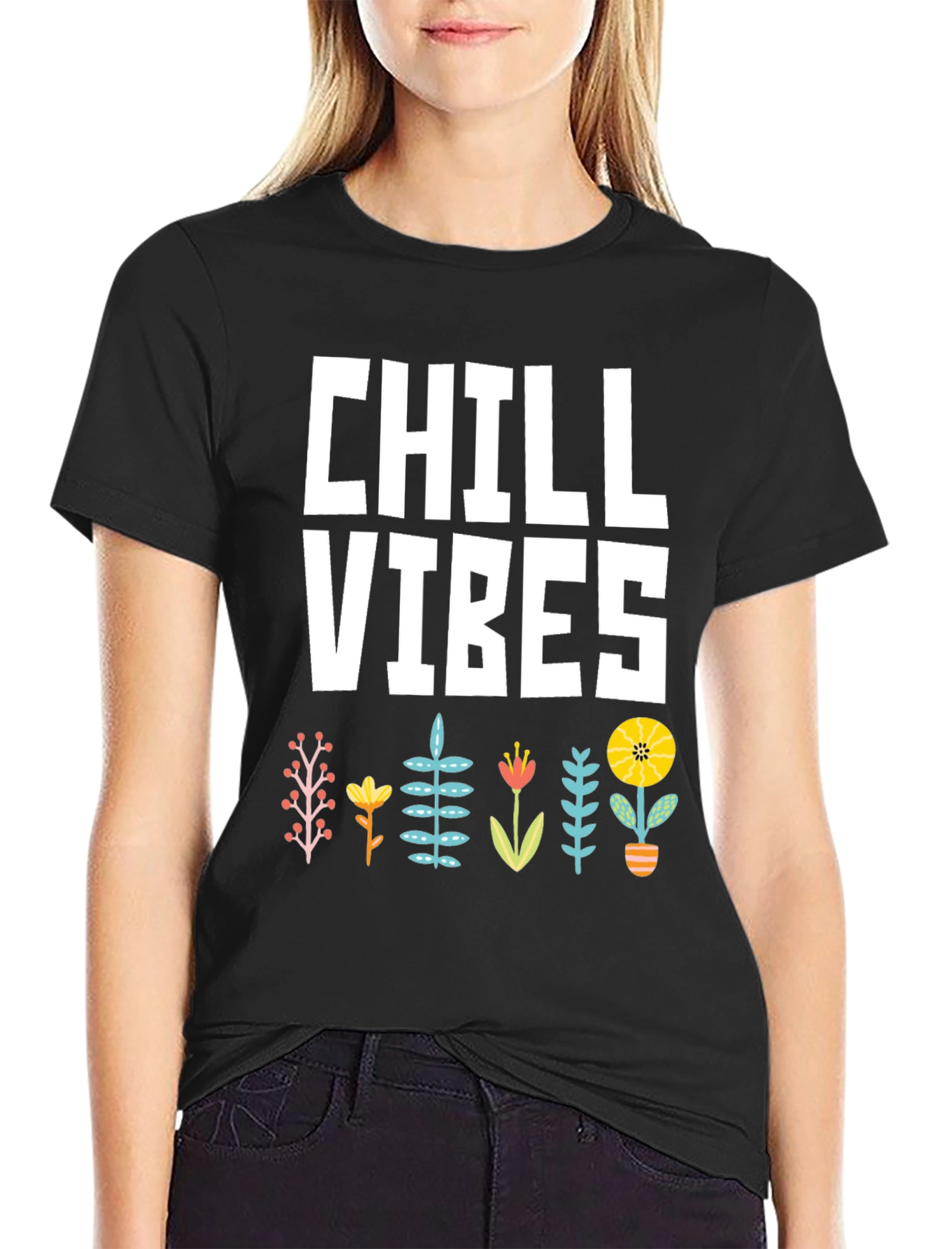 Black Chill Vibes Graphic T-Shirt - Black, Floral Design view 2