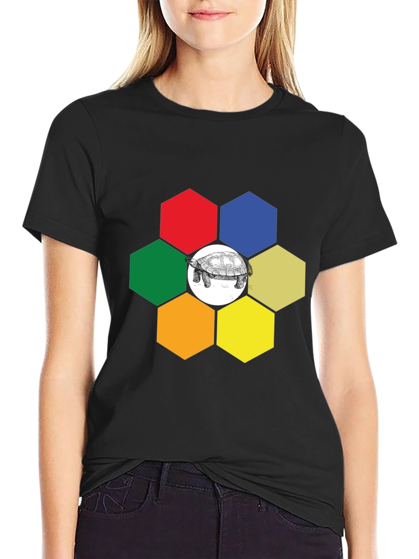 Black Hexagon Turtle Graphic Tee - Unique Design view 2