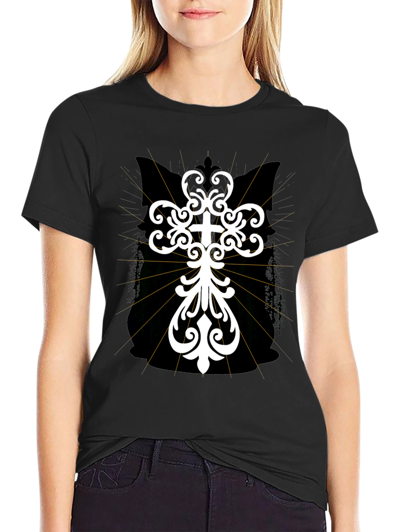 Black Ornate Cross Graphic T-Shirt - Black view 2