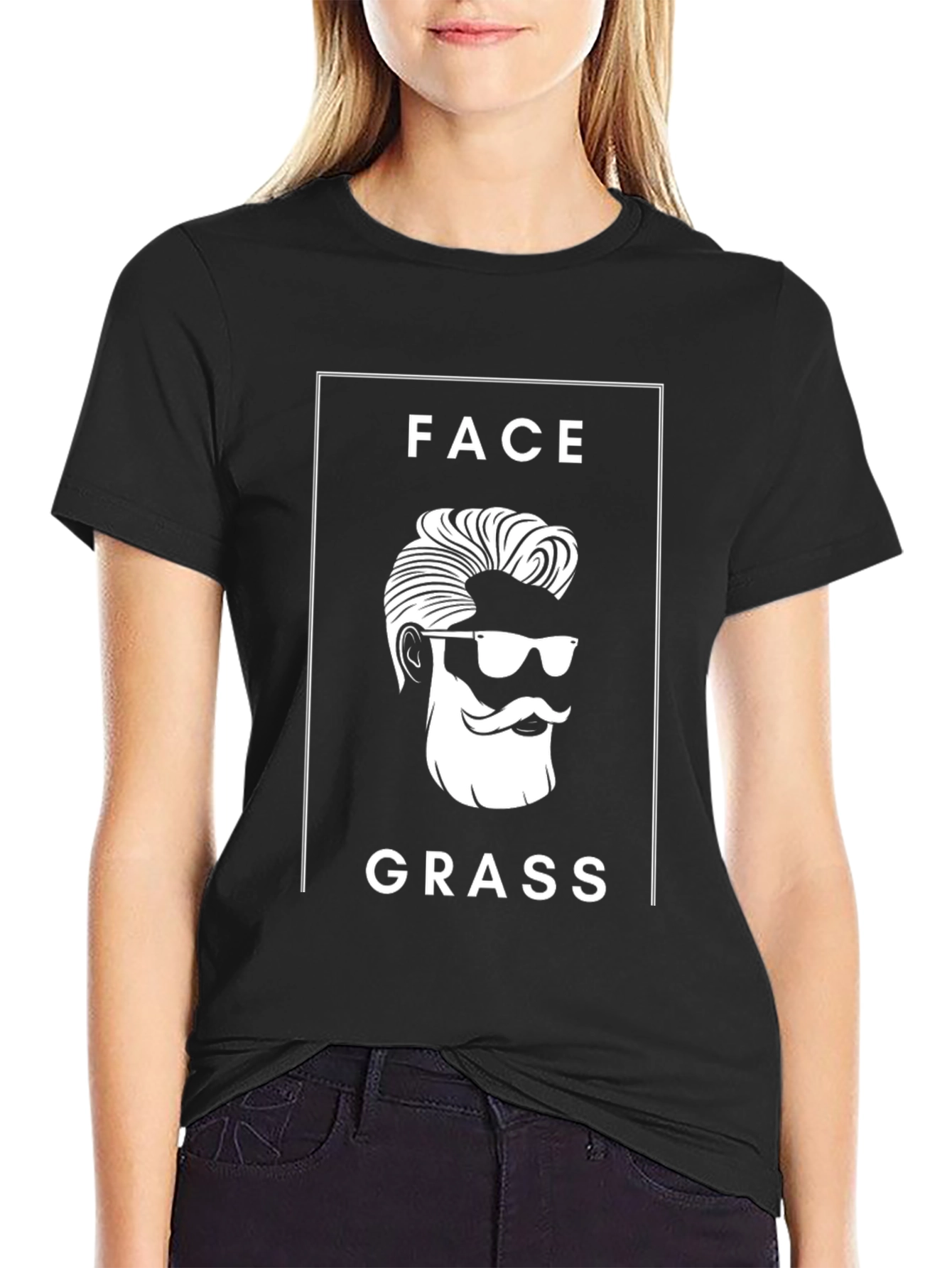 Black Face Grass Funny Graphic Black T-Shirt view 2