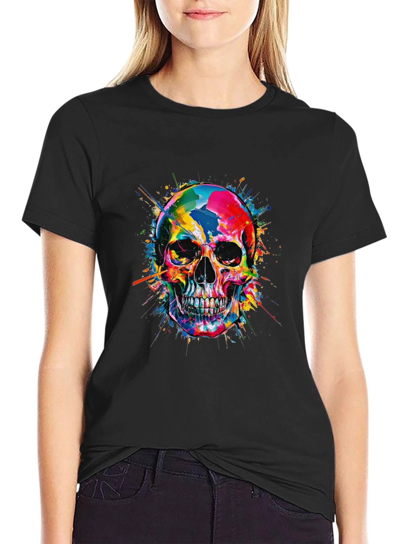 Black Colorful Skull Graphic Print Black T-Shirt view 2