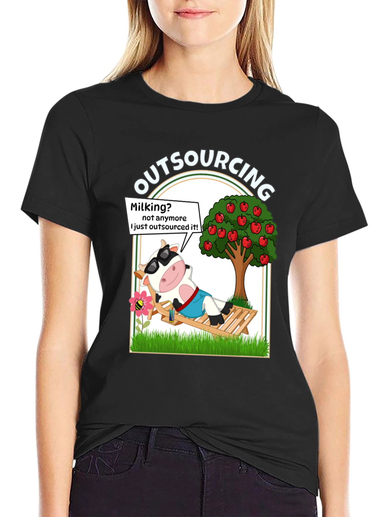 Black Outsourcing Cow T-Shirt - Funny Lazy Farm Animal Tee view 2