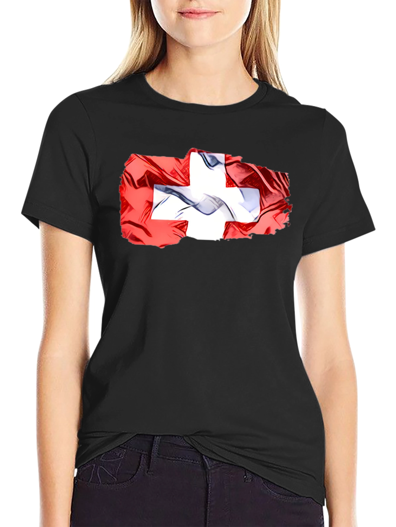 Black Swiss Flag Graphic Tee - Black Casual T-Shirt view 2