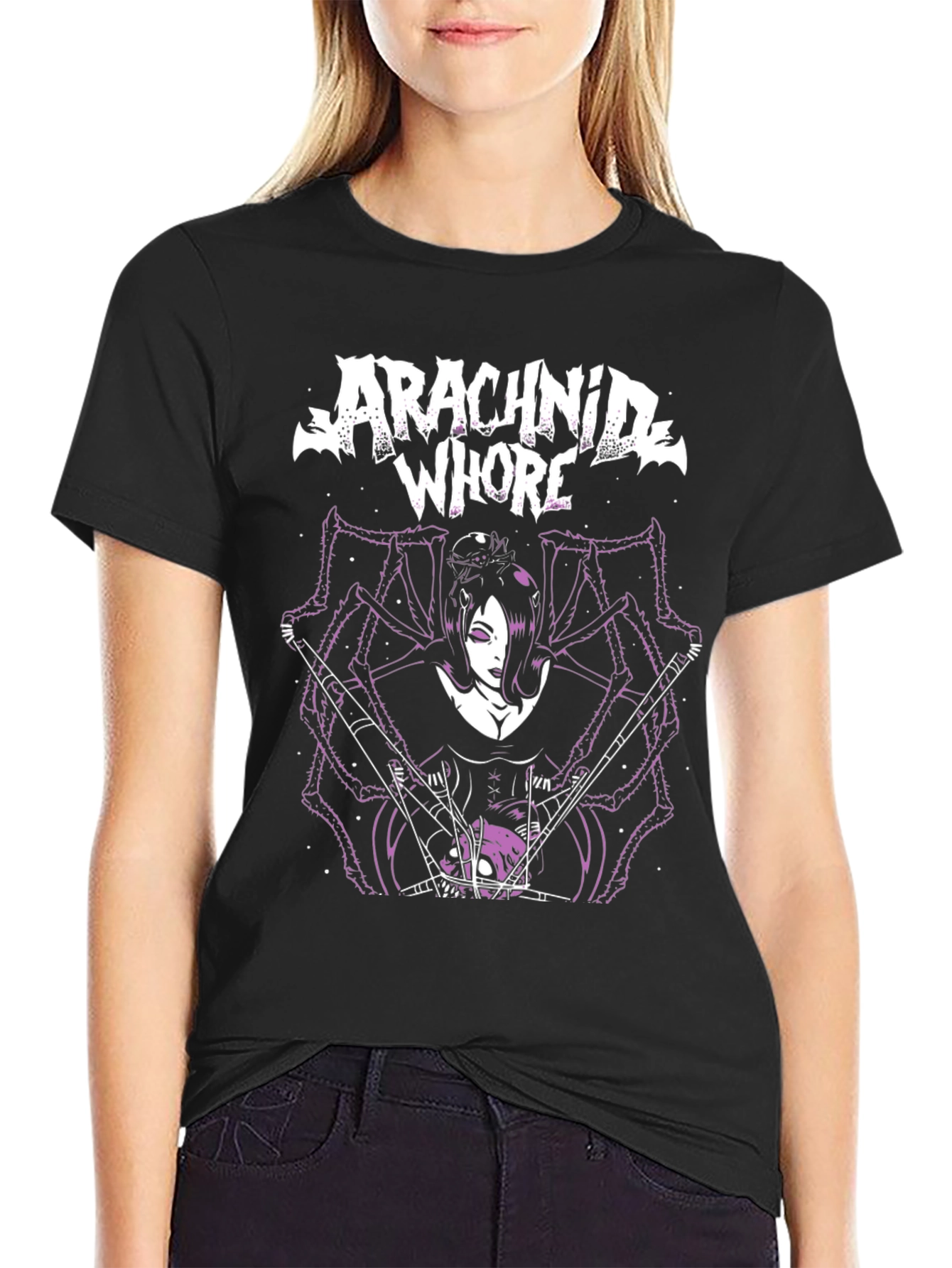 Black Arachnid Whore Graphic T-Shirt - Gothic Spider Woman Tee view 2