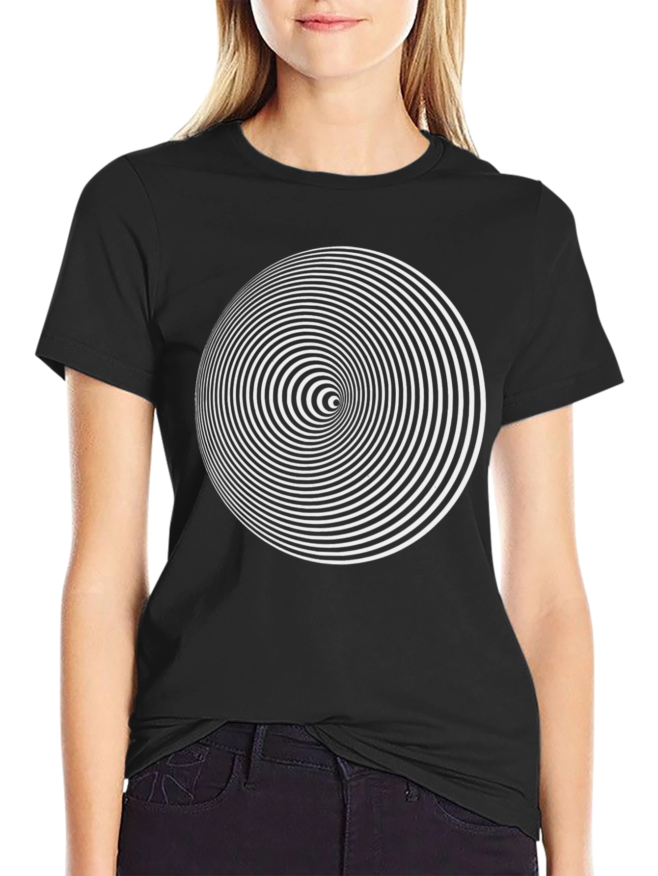 Black Hypnotic Spiral Graphic Print Black T-Shirt view 2