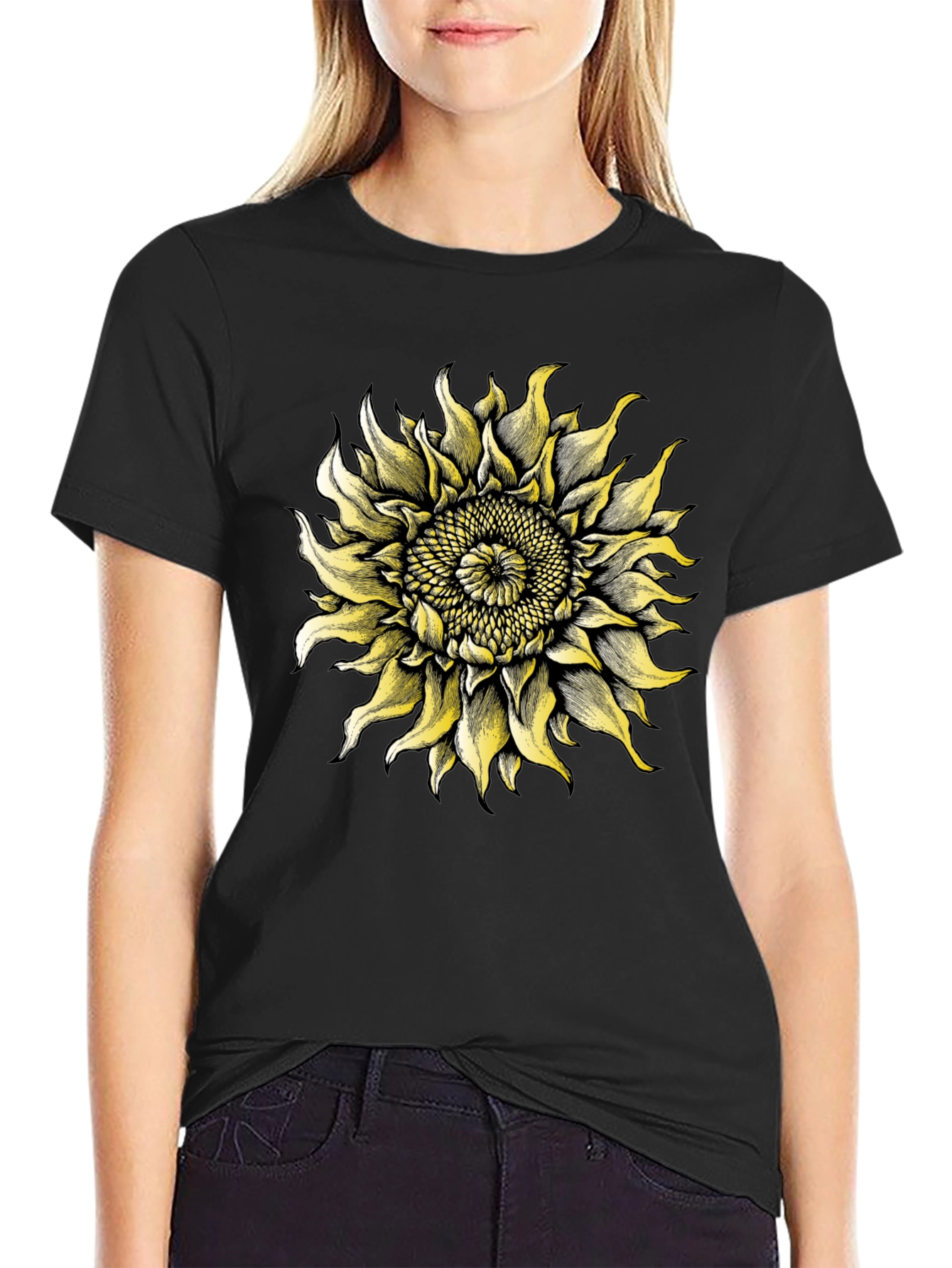 Black Sunflower Graphic Tee - Black Cotton T-Shirt view 2