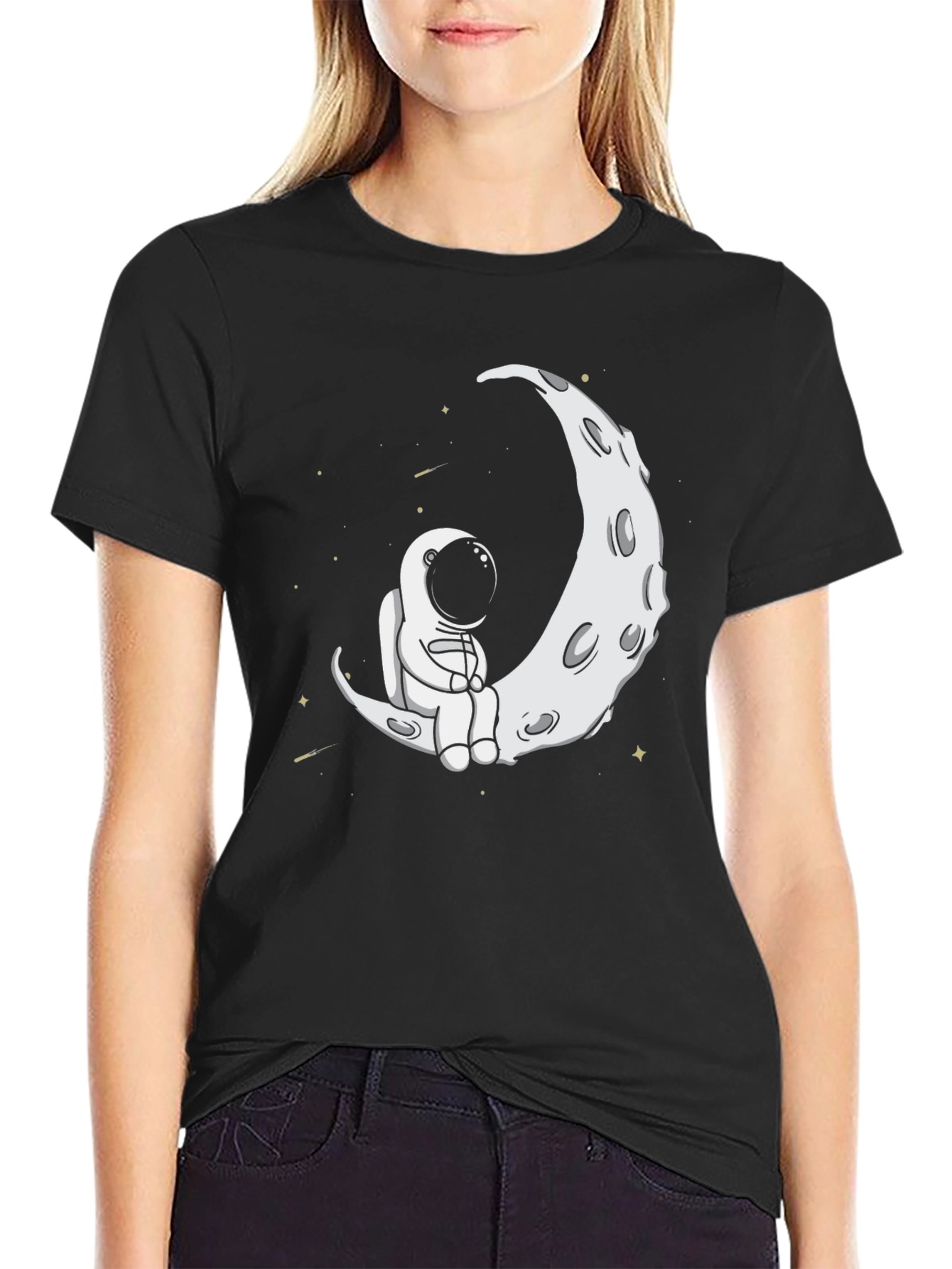 Black Astronaut Moon Graphic Tee - Black Casual Shirt view 2