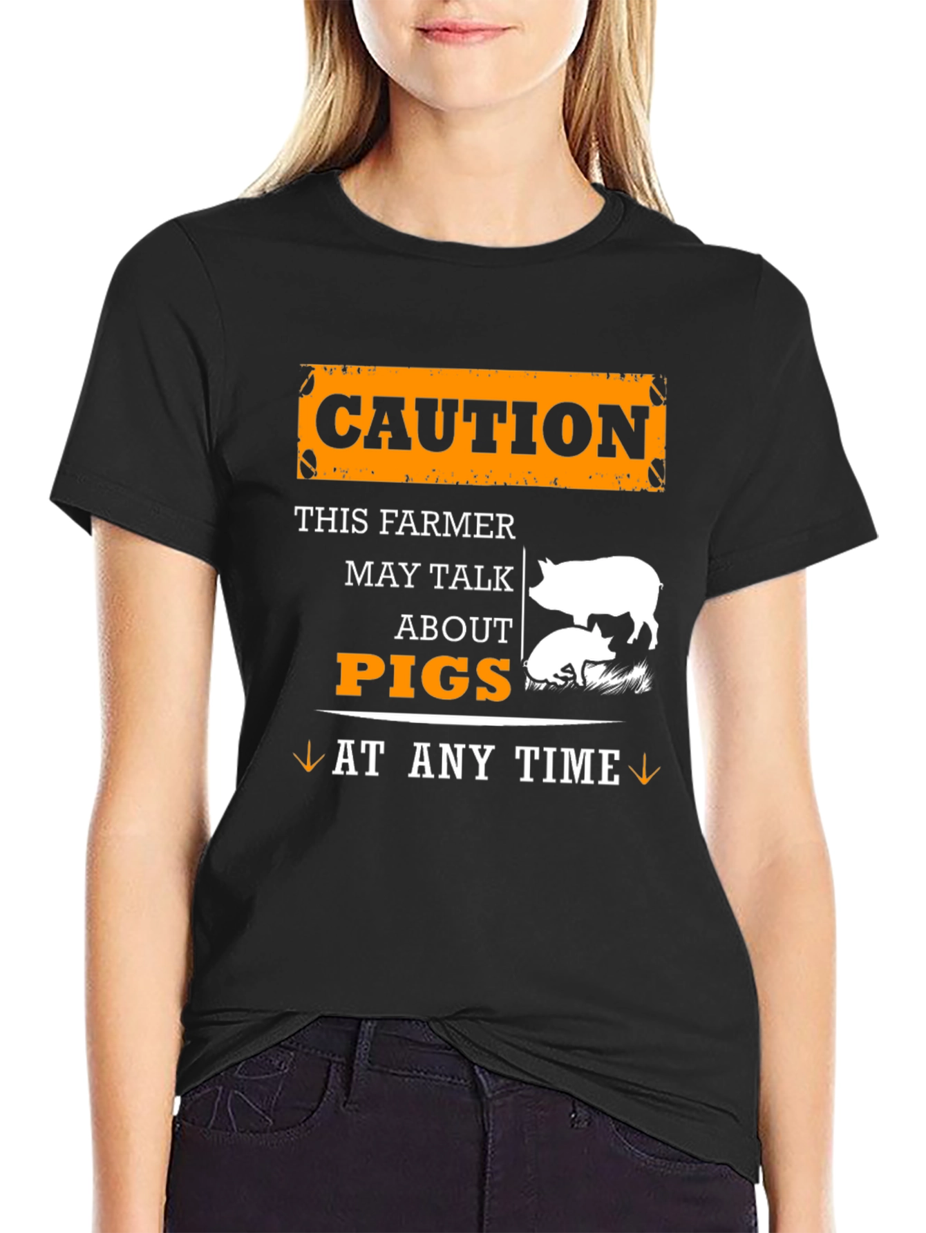 Black Caution Farmer May Talk About Pigs T-Shirt view 2