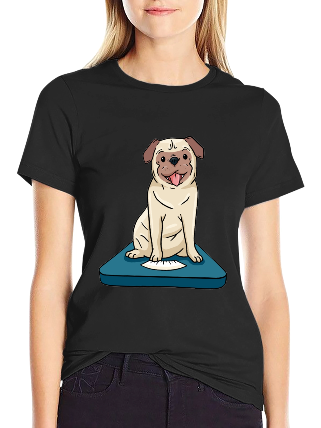 Black Pug on Scale Graphic Tee - Weighty Humor T-Shirt view 2