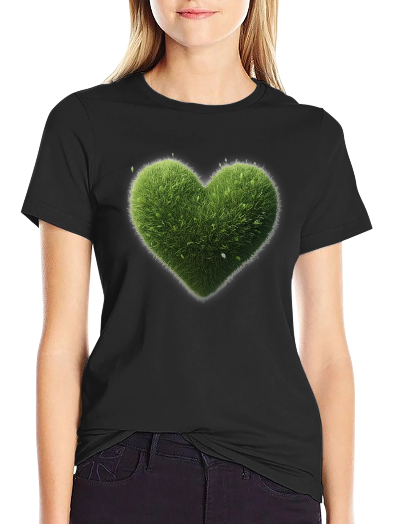 Black Green Heart Graphic Tee - Black Cotton T-Shirt view 2