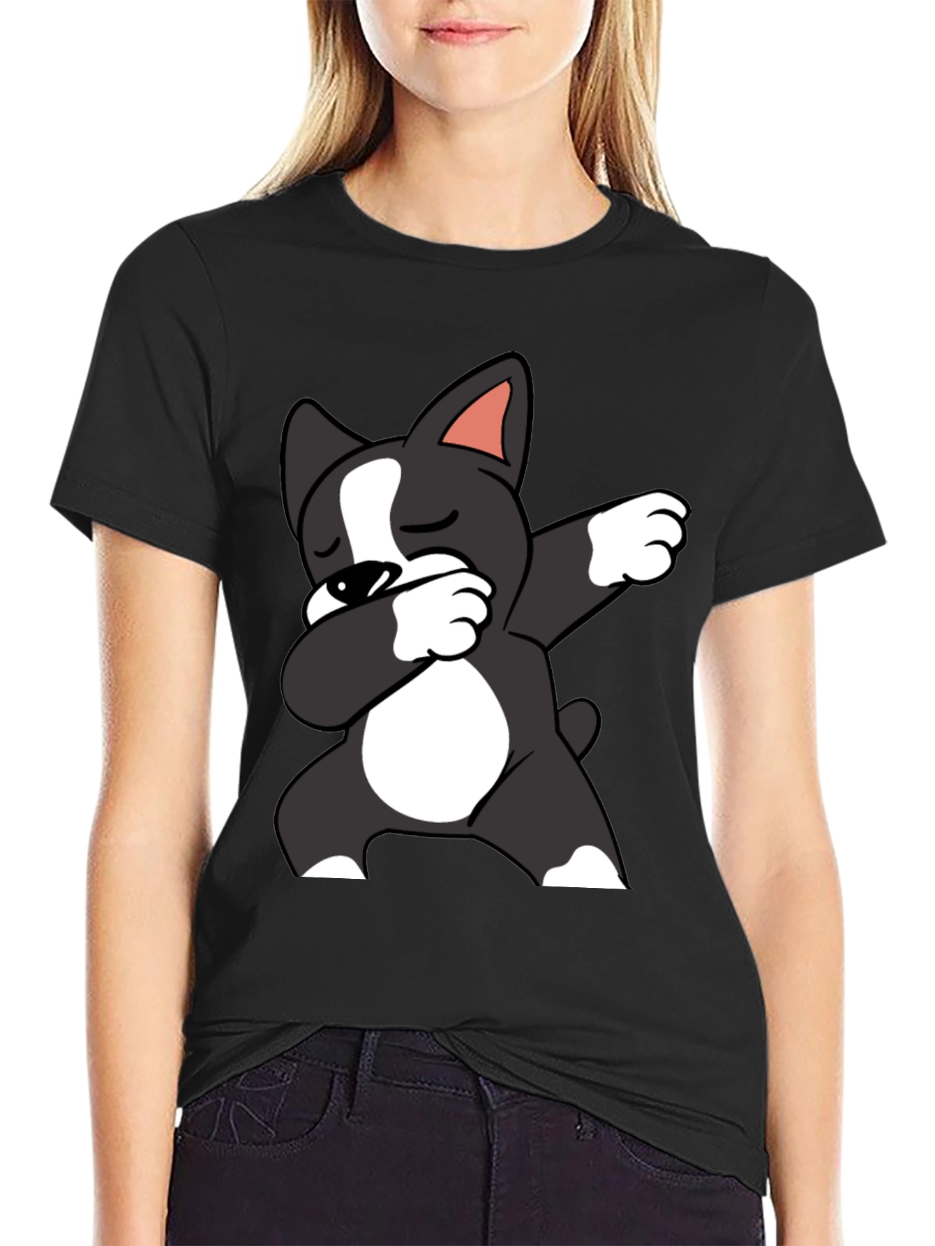 Black Dabbing Dog Graphic Tee - Black Cotton T-Shirt view 2
