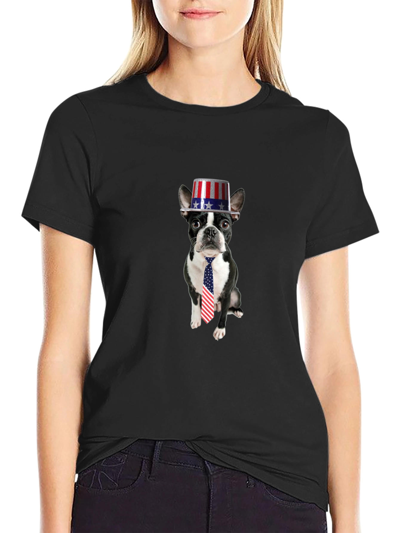 Black Patriotic Pup T-Shirt - Dog with American Flag Hat & Tie view 2