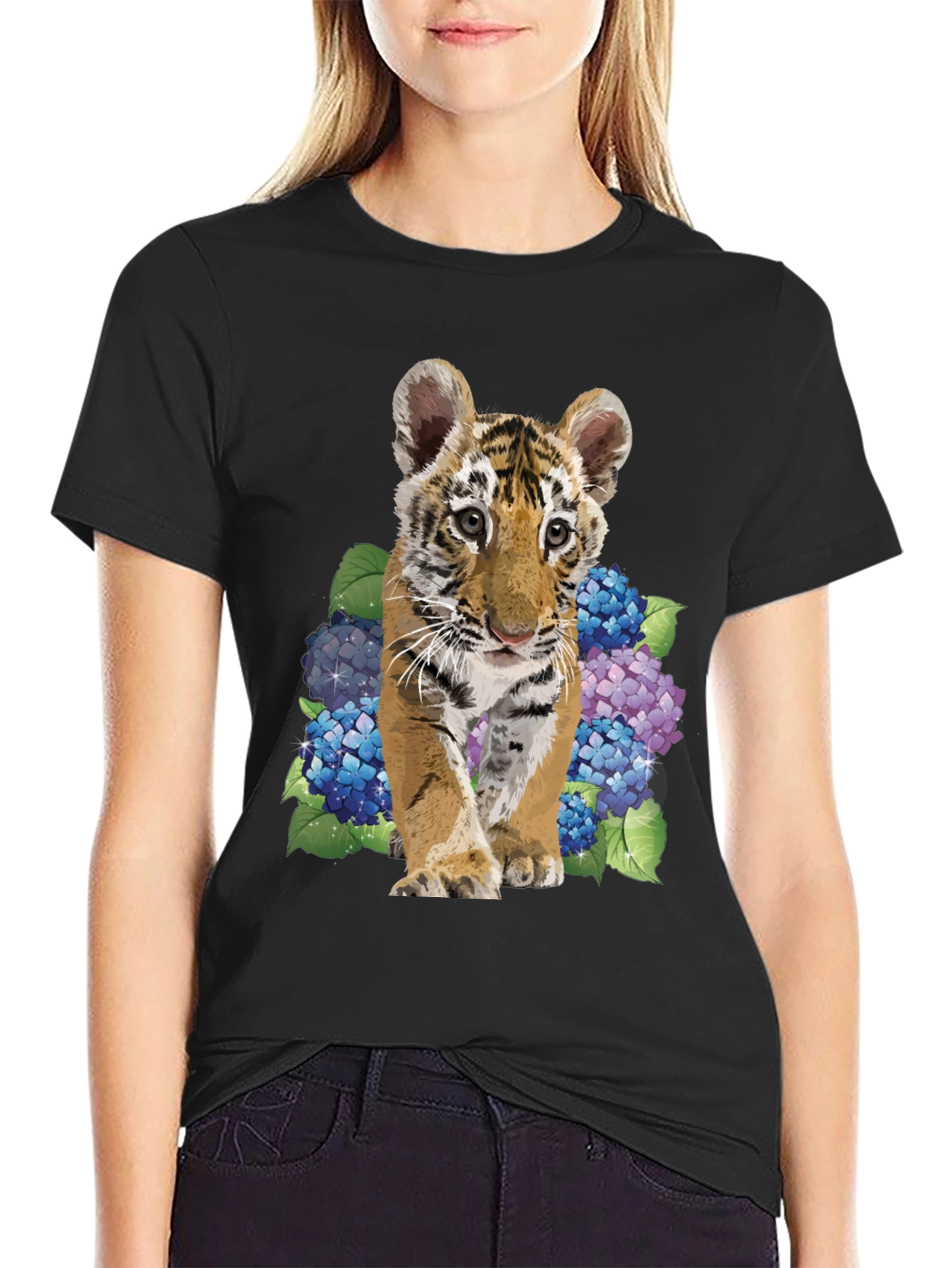 Black Tiger Cub & Hydrangea Graphic Tee - Soft Black Cotton Blend view 2