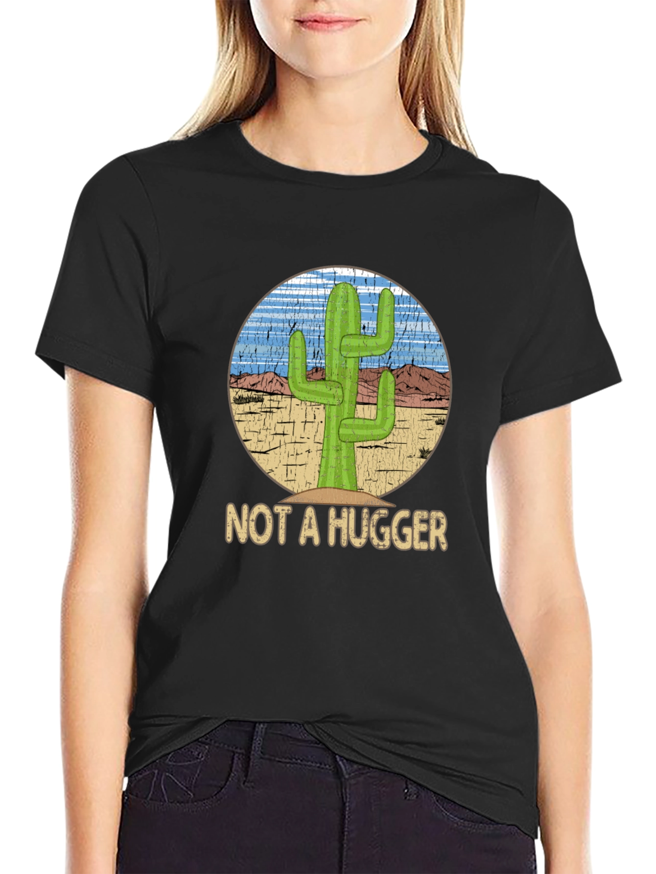 Black Not A Hugger Cactus Graphic T-Shirt - Funny Desert Tee view 2