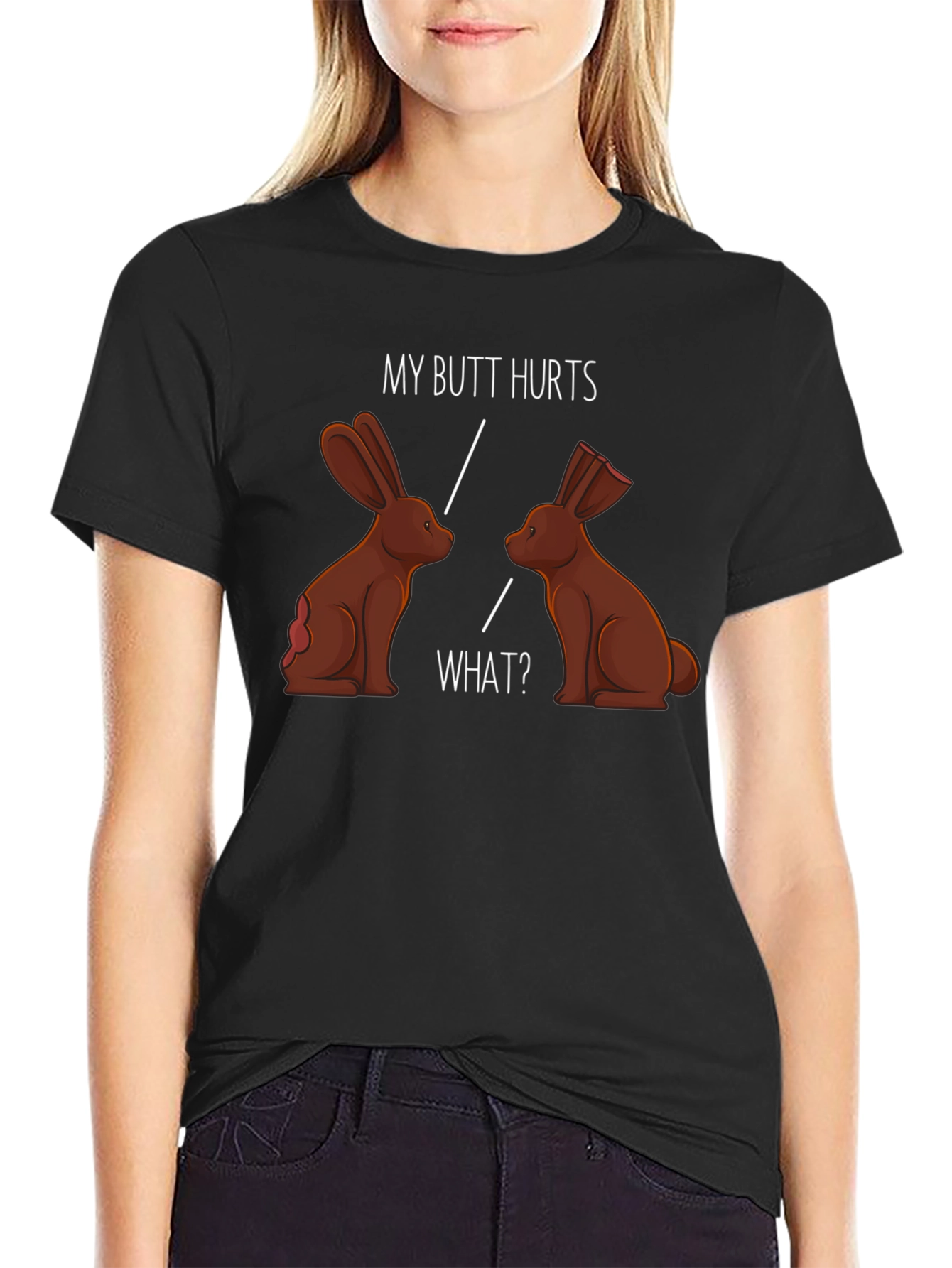 Black Funny My Butt Hurts Chocolate Bunny T-Shirt view 2