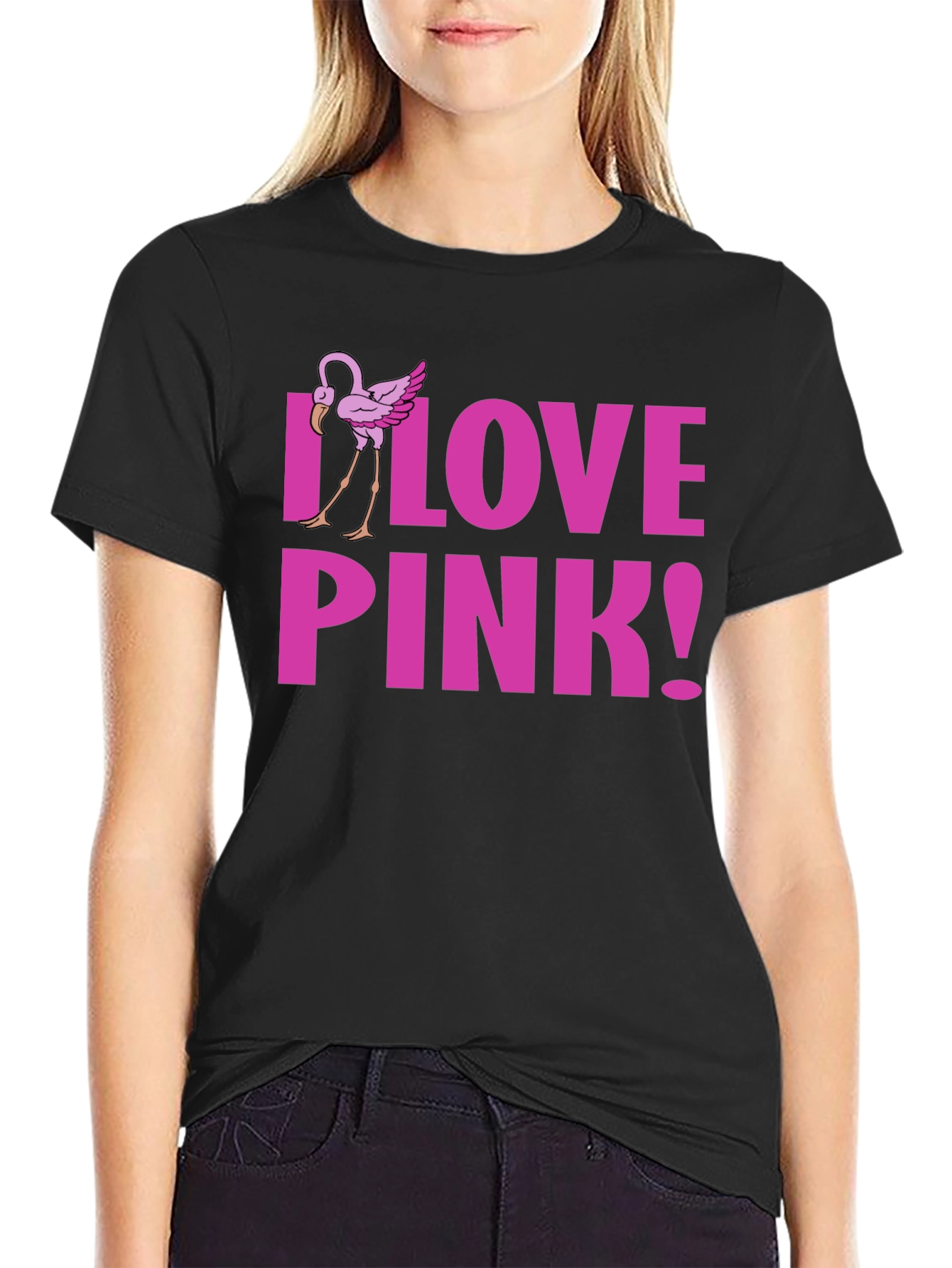 Black I Love Pink! Flamingo Graphic Tee - Black view 2