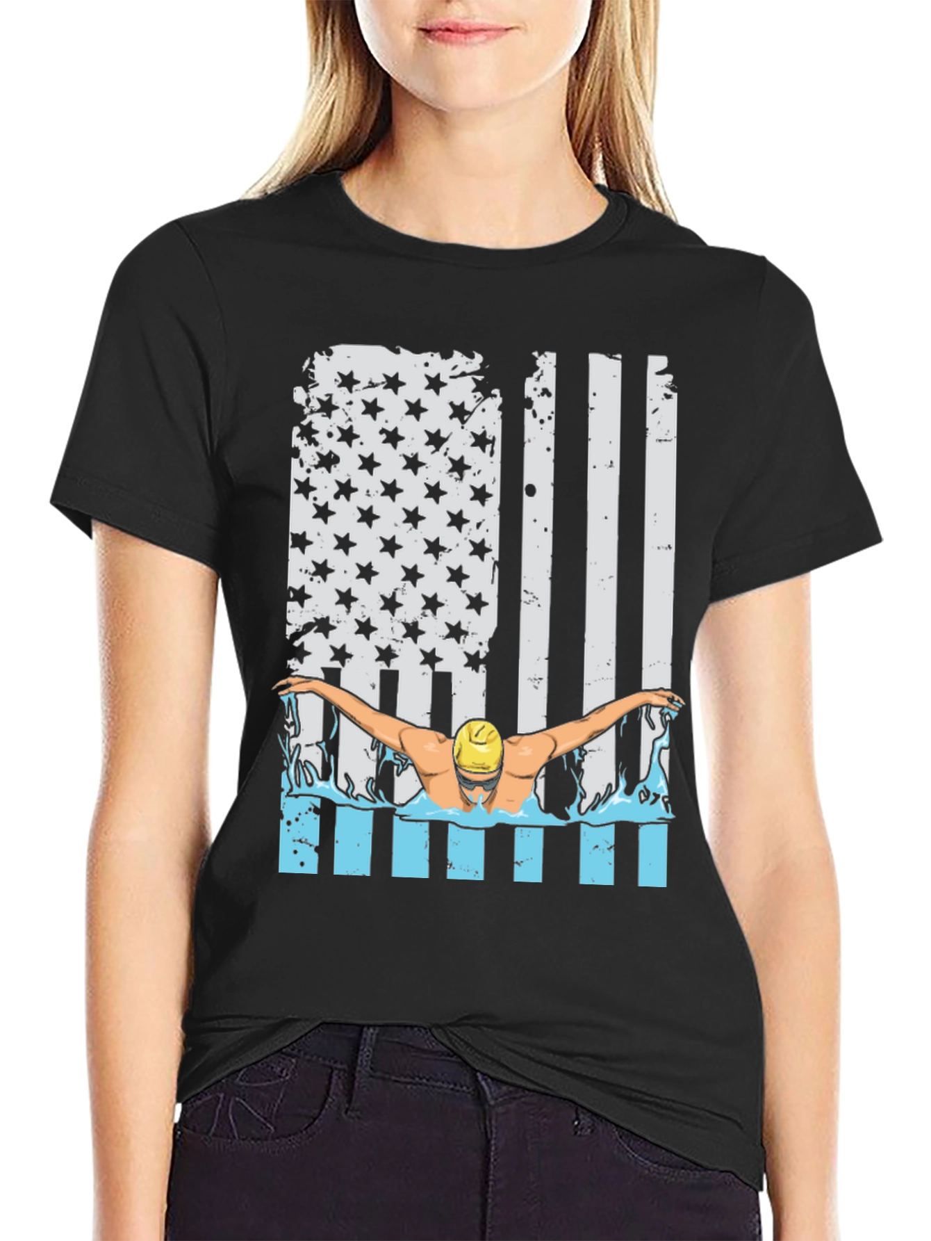 Black Patriotic Swimmer T-Shirt USA Flag Design view 2